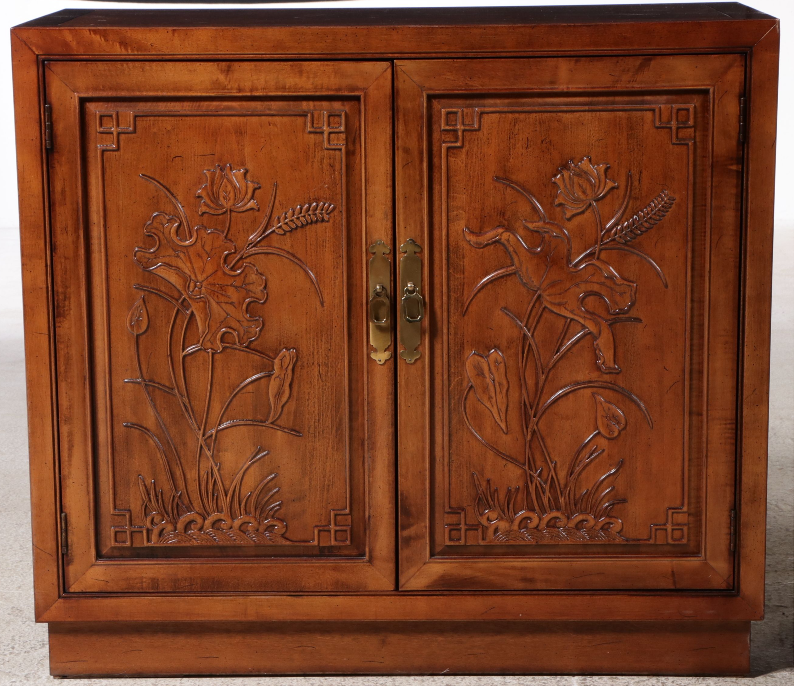 Pair of Henredon Chinese Style Carved Wood Cabinets