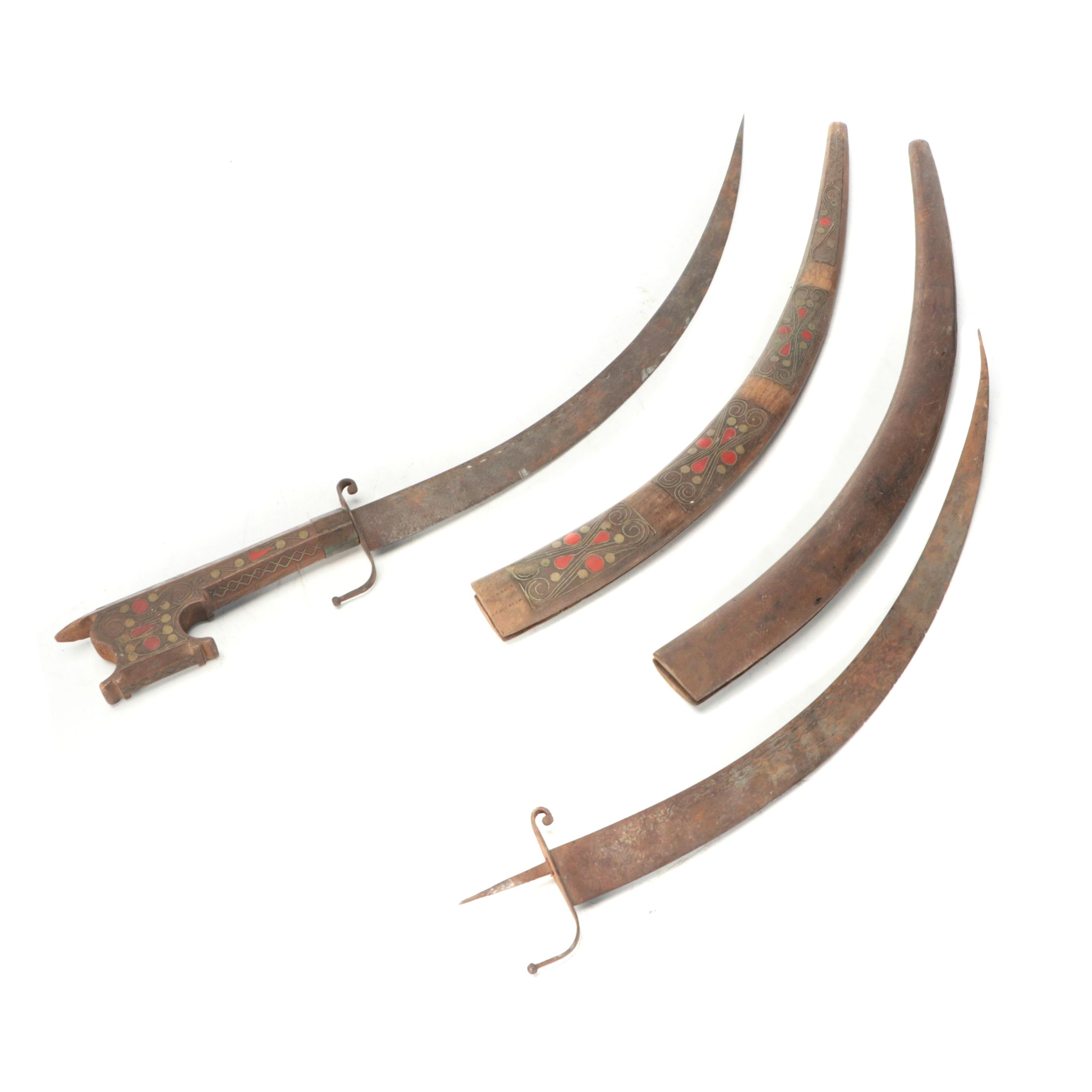 North African Curved Nimcha Swords with Decorative Wooden Sheaths