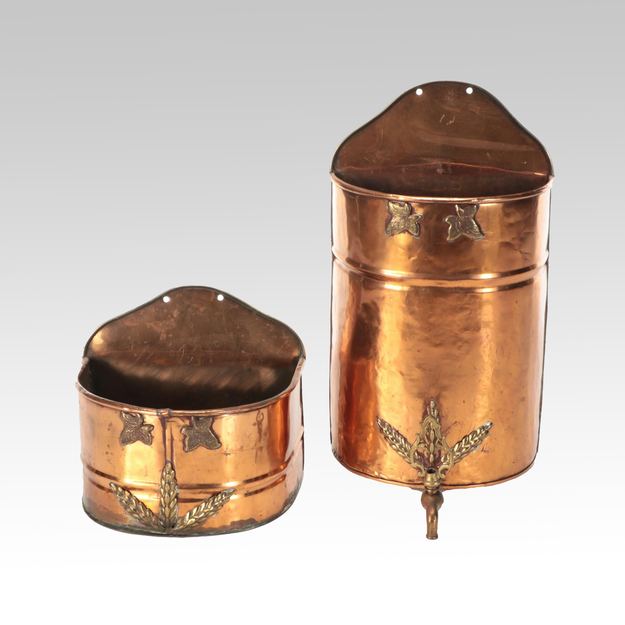 Copper and Brass Spouted Water Barrel with Foliate Wall Planter