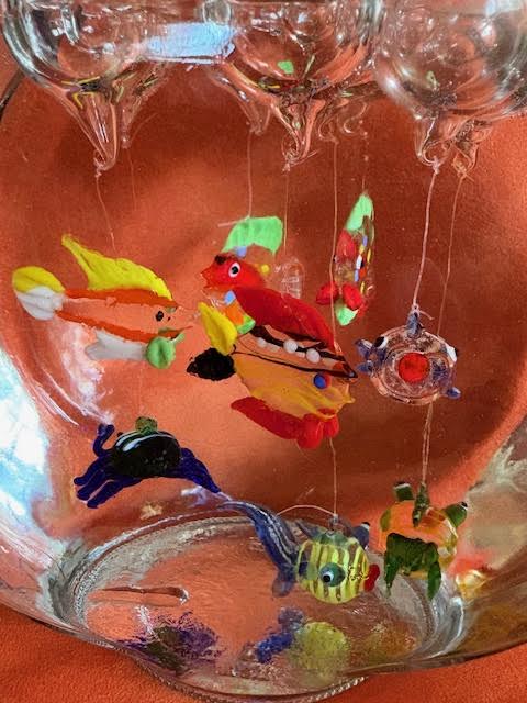 Studio Glass Fish Ornaments with Floats in Anchor Hocking Glass Fishbowl