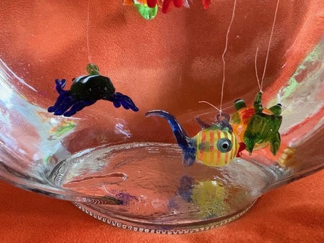 Studio Glass Fish Ornaments with Floats in Anchor Hocking Glass Fishbowl