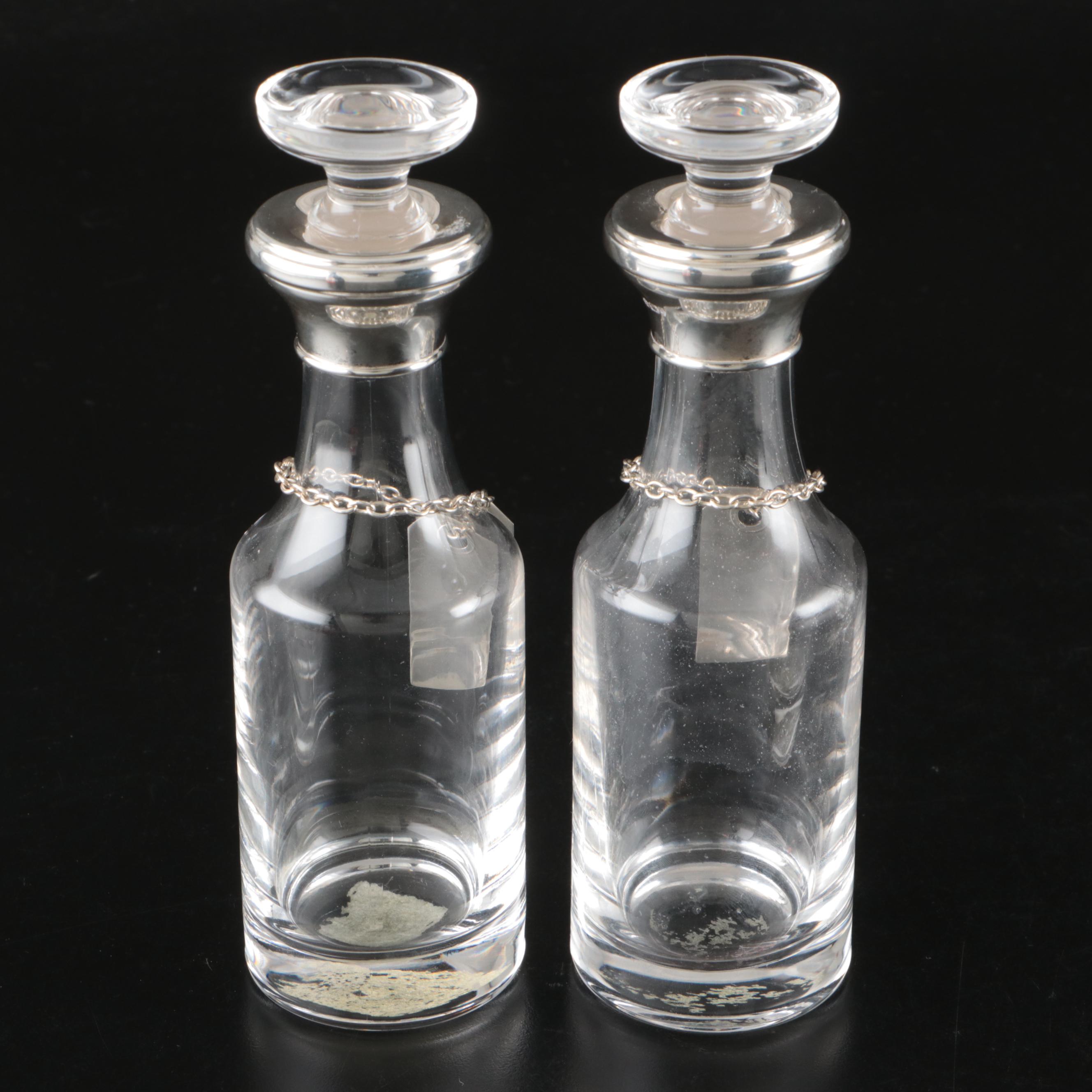 English Glass After Shave and Shampoo Bottles with Sterling Silver Rims and Tags
