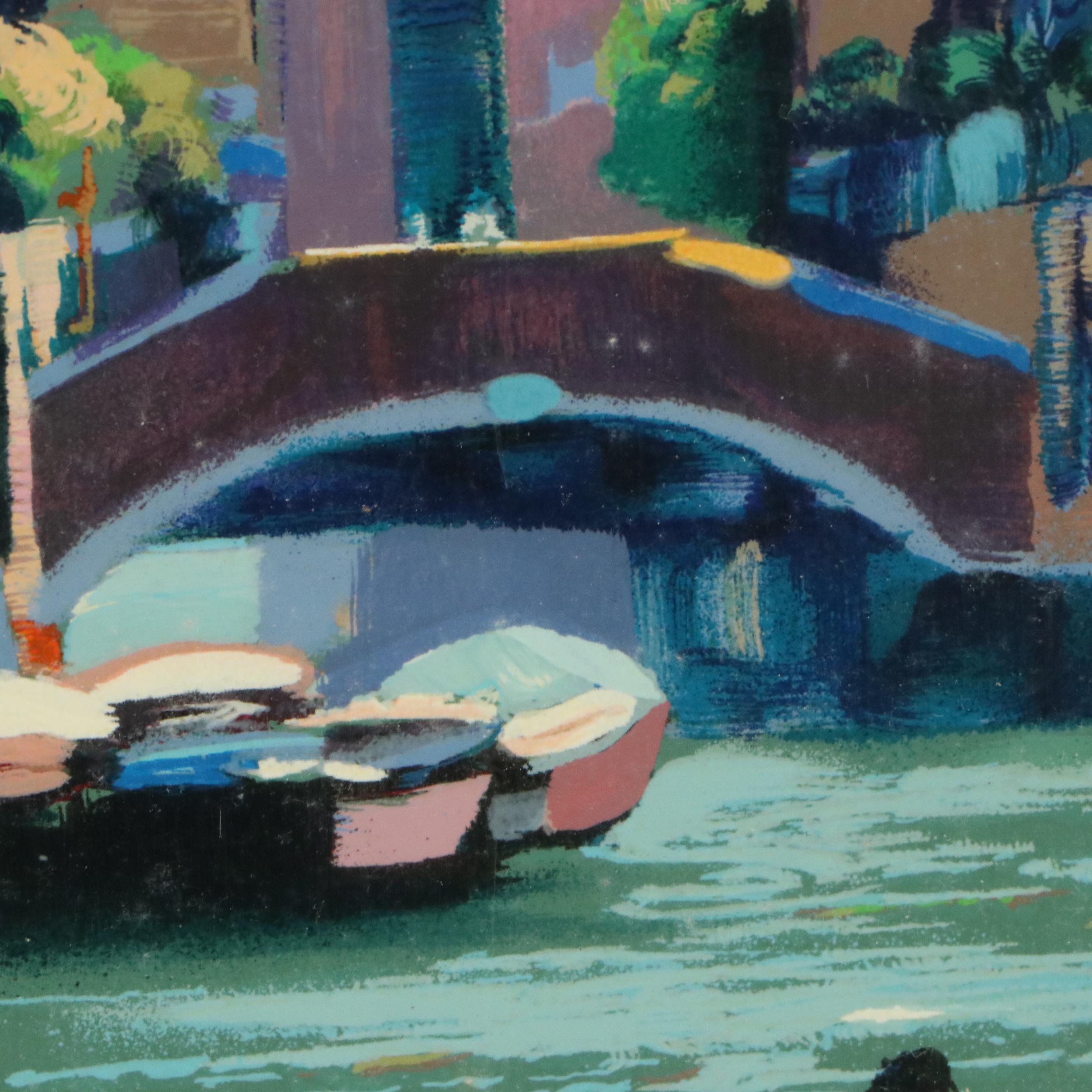 Howard Behrens Serigraph of Gondoliers in Venetian Canal, Mid to Late 20th C.