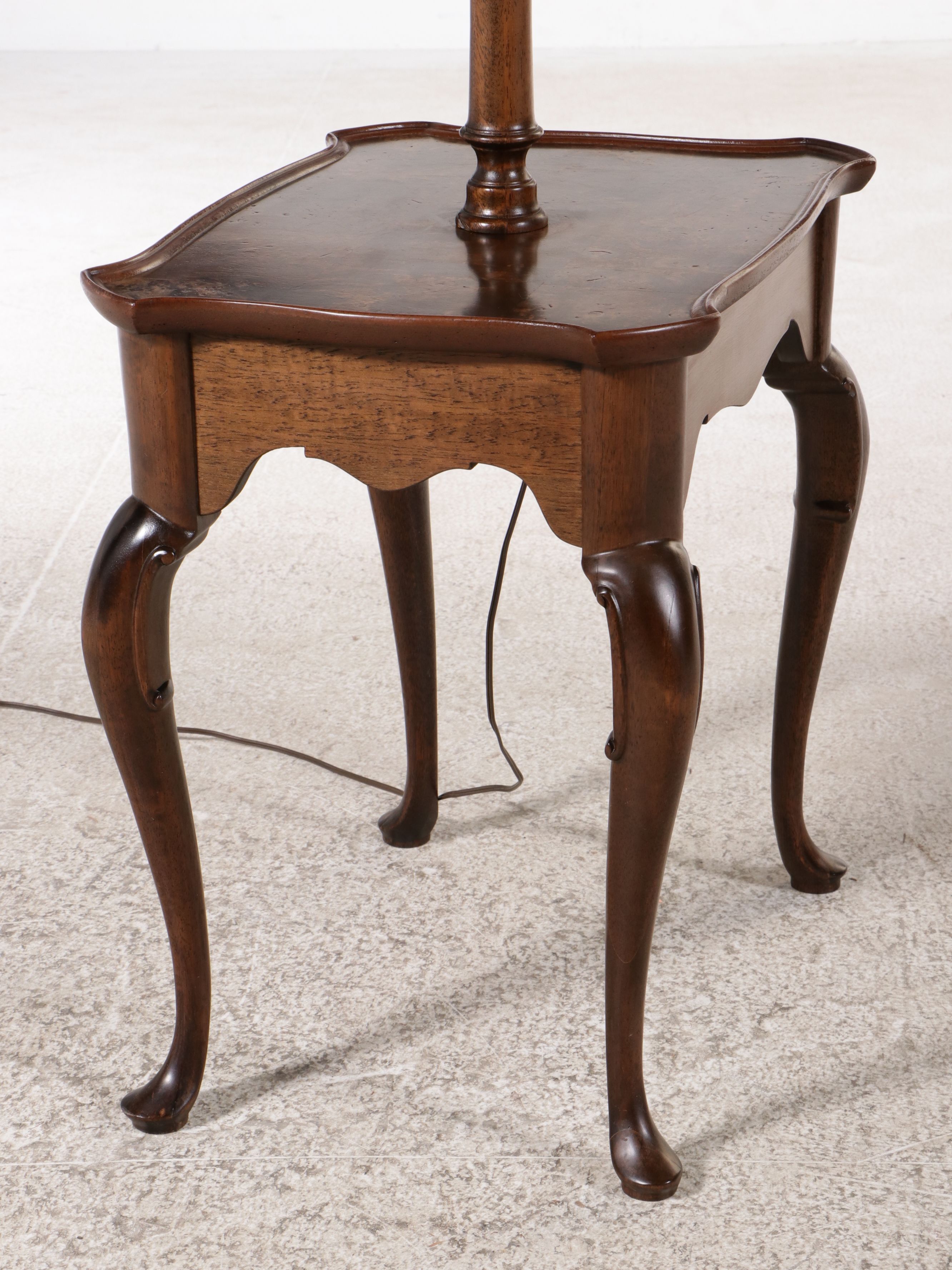 Queen Anne Style Burl Top Floor Table Lamp with Pleated Scallop Shade