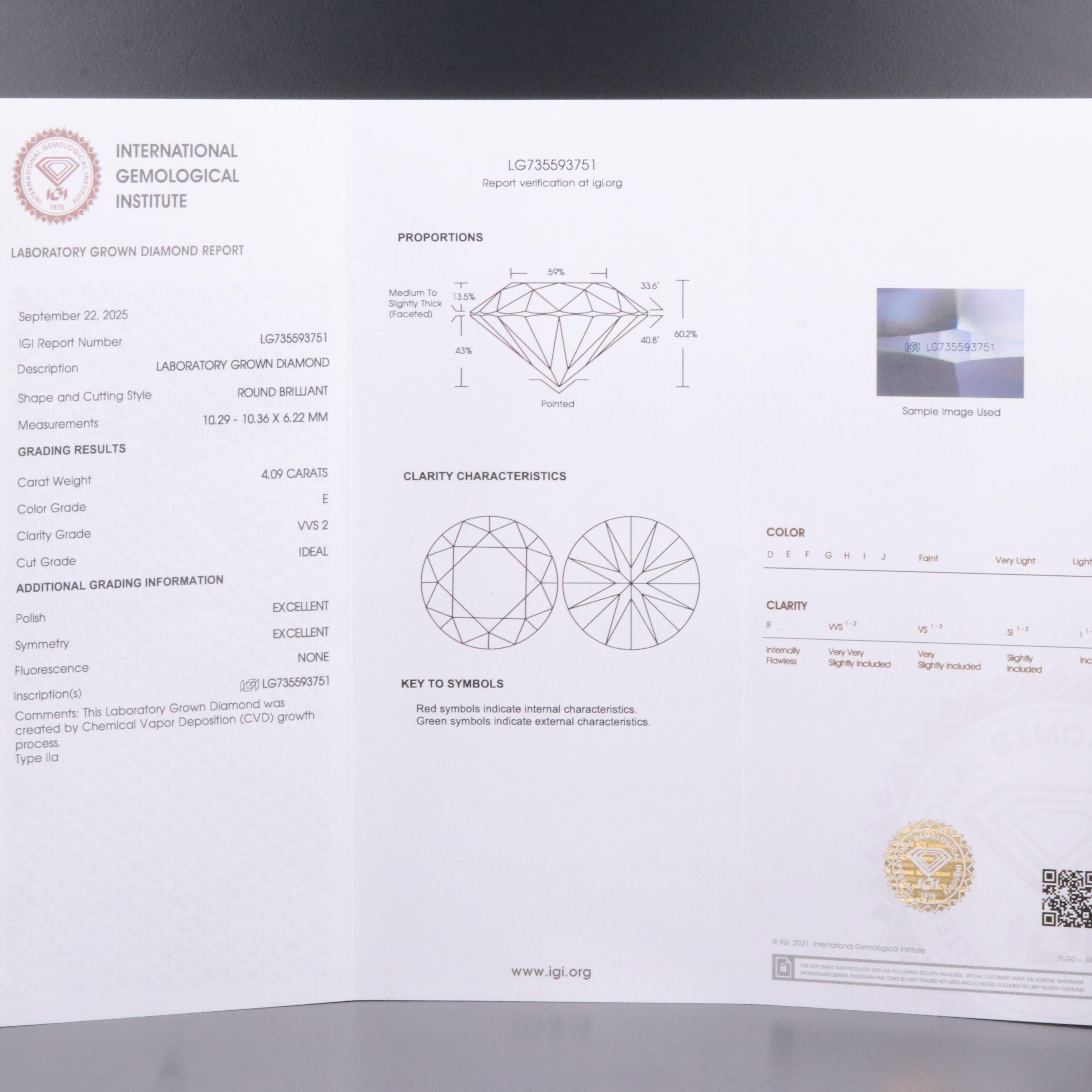 Loose 4.09 CT Lab Grown Diamond with IGI Report