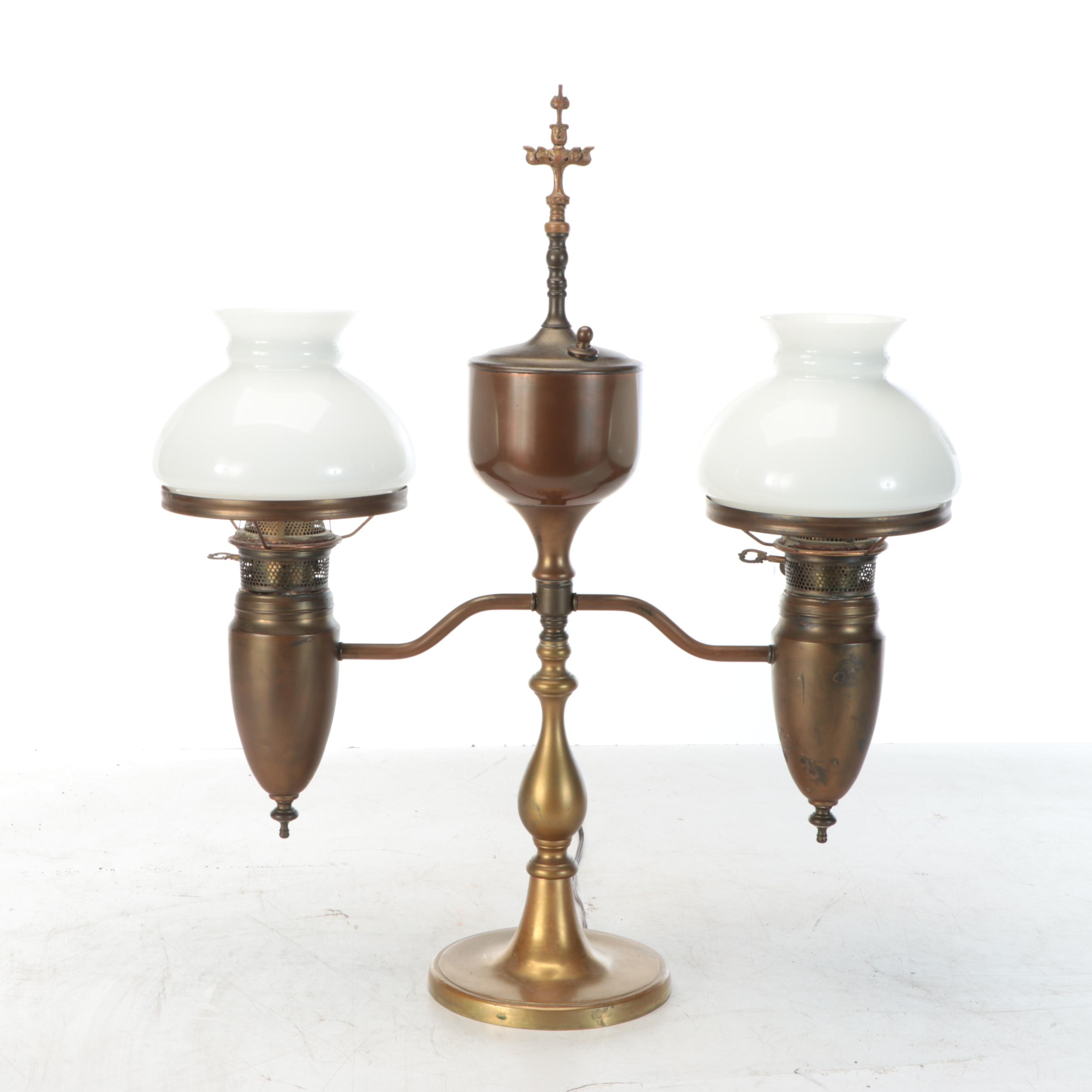 Late Victorian Brass Dual-Arm Student Oil Lamp, Adapted Mid-20th C.