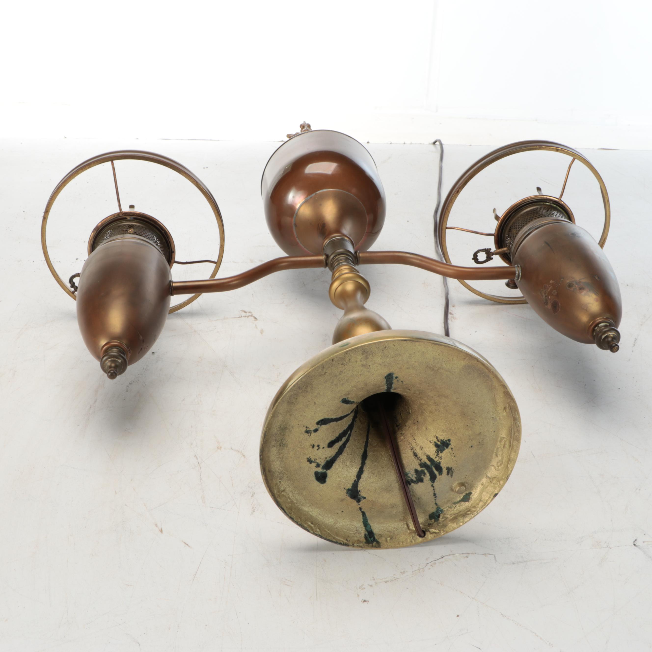 Late Victorian Brass Dual-Arm Student Oil Lamp, Adapted Mid-20th C.