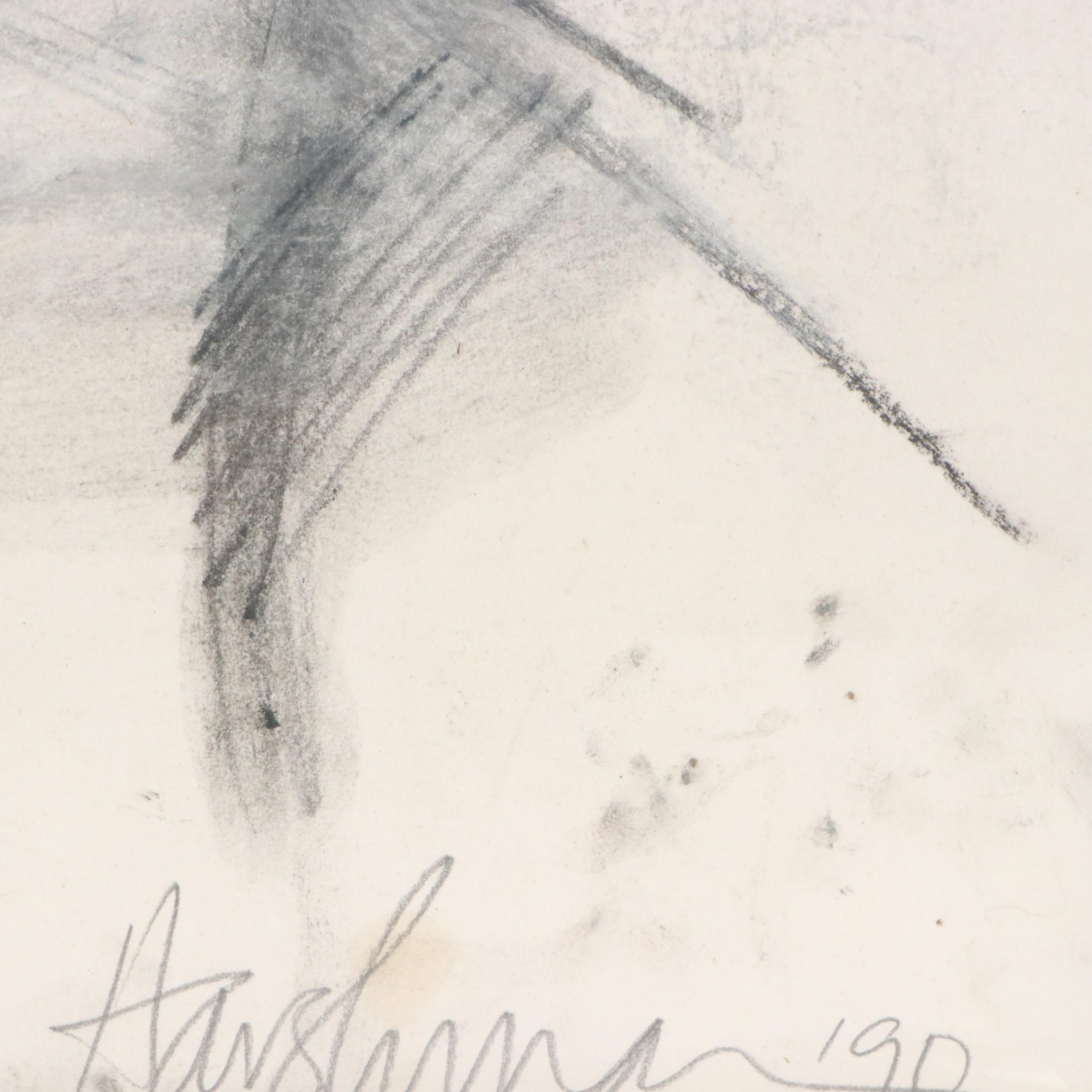 Charcoal and Pastel Drawing Gestural Abstract Composition, 1990