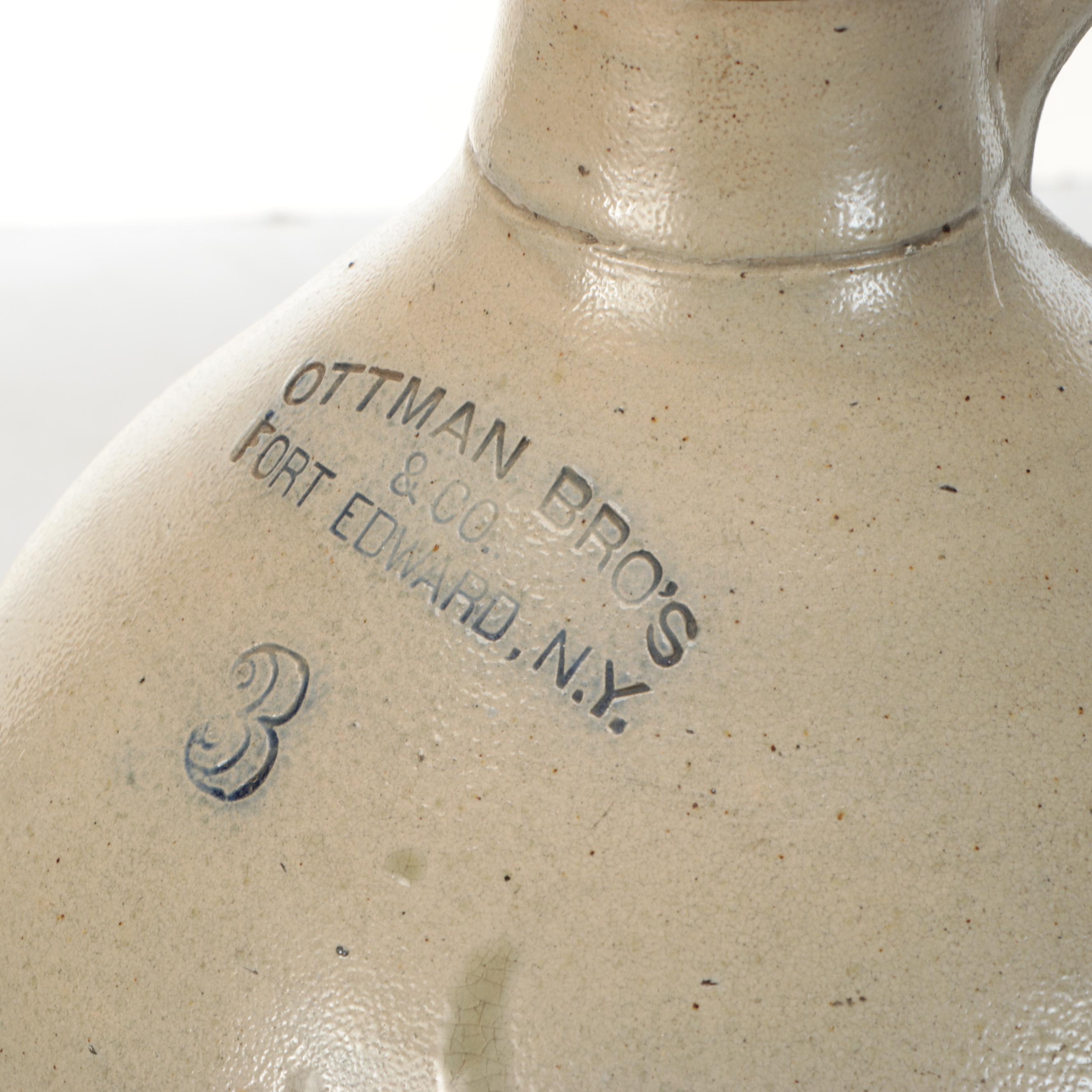 Ottman Bro's & Co. Cobalt on Salt Glazed Stoneware Jug, Adapted as Lamp