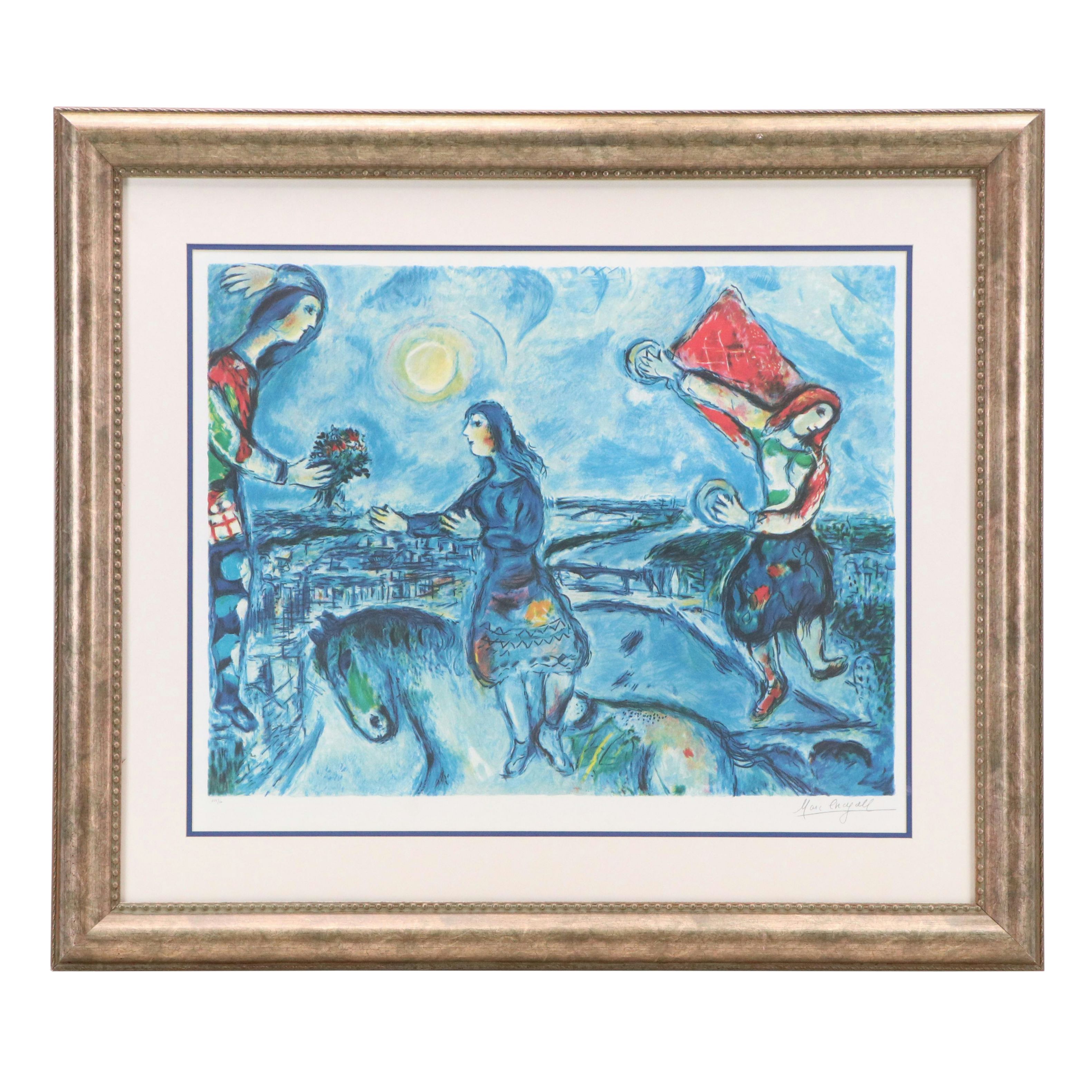 After Marc Chagall Offset Lithograph "Lovers Over Paris"