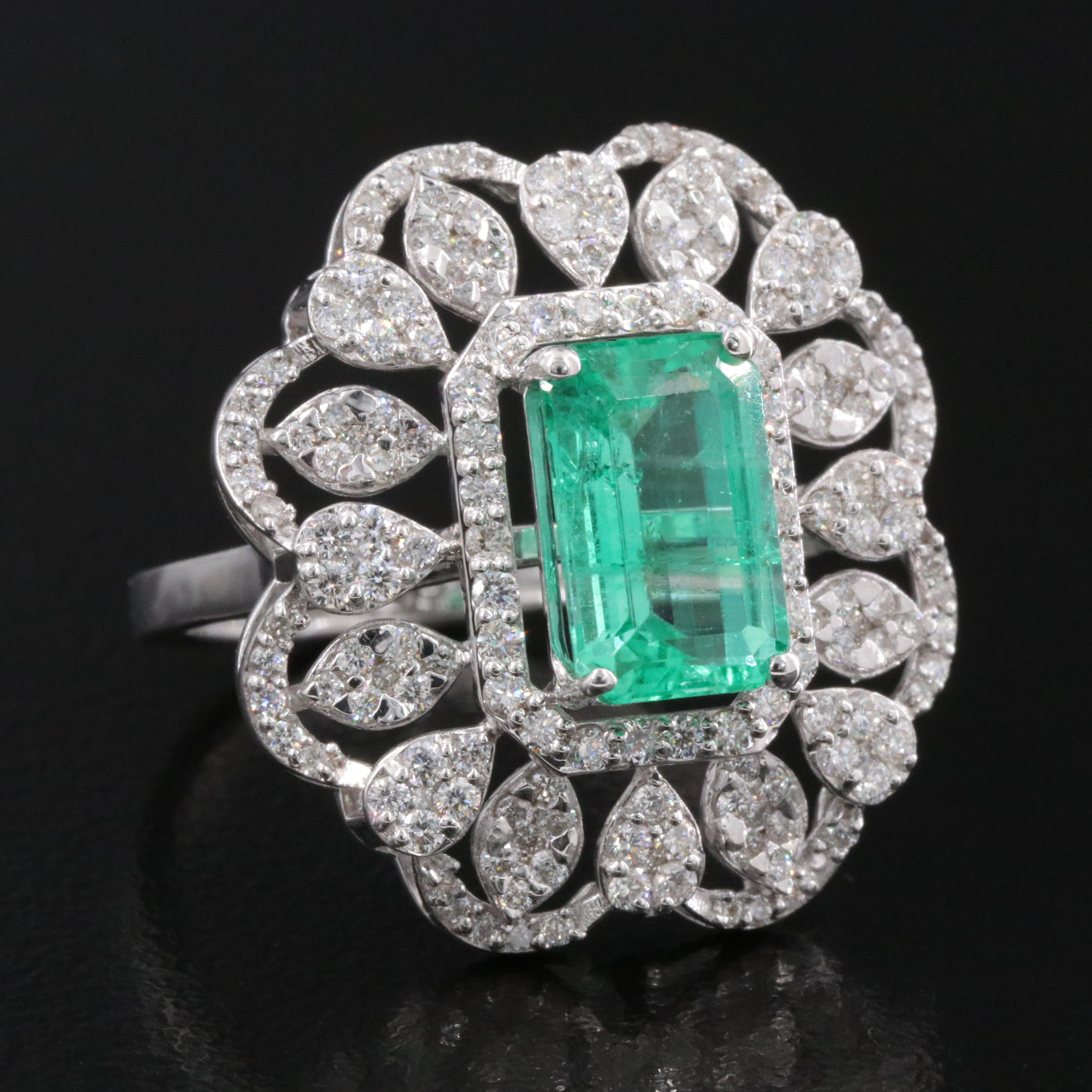18K 2.09 CT Emerald and Diamond High-Low Floral Ring