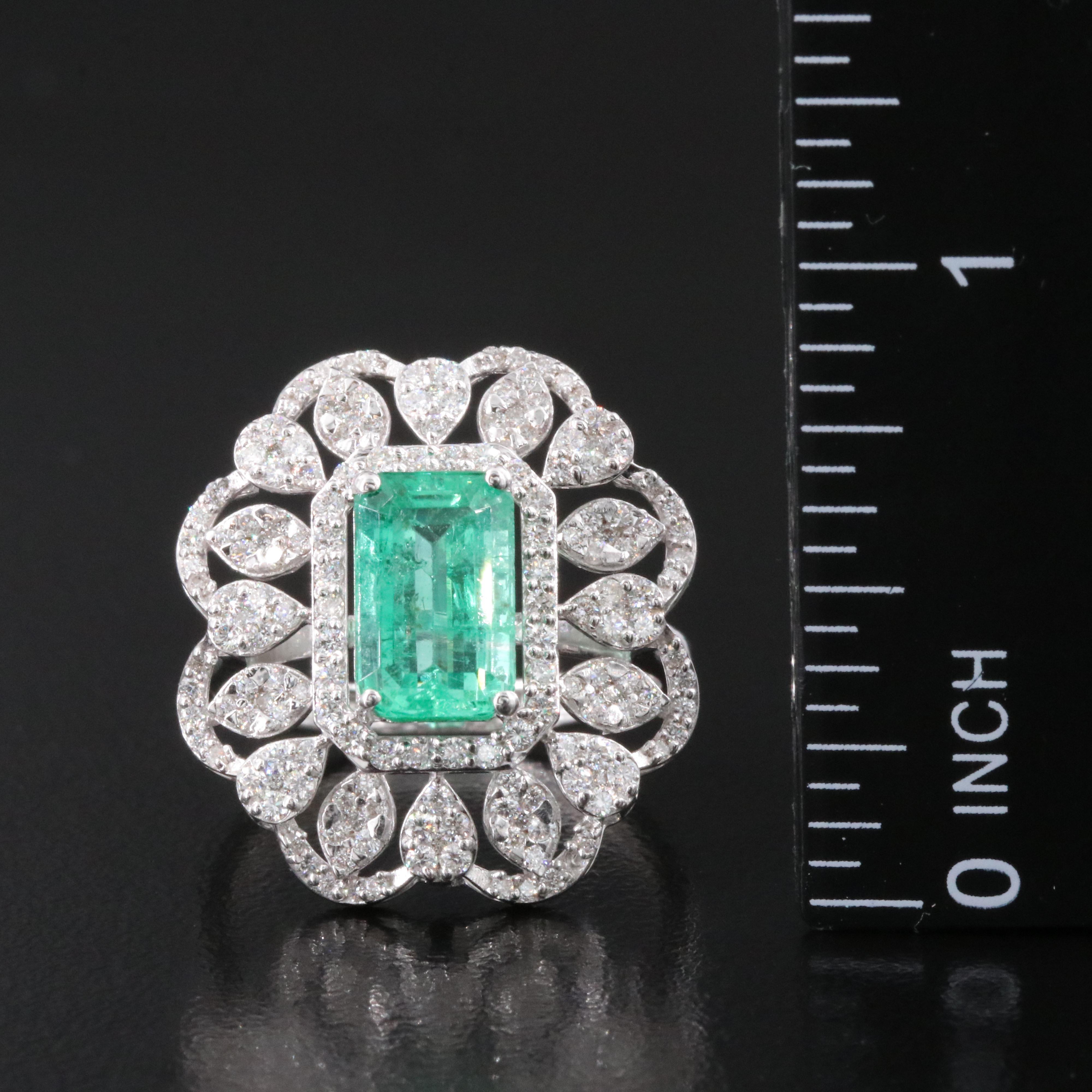 18K 2.09 CT Emerald and Diamond High-Low Floral Ring