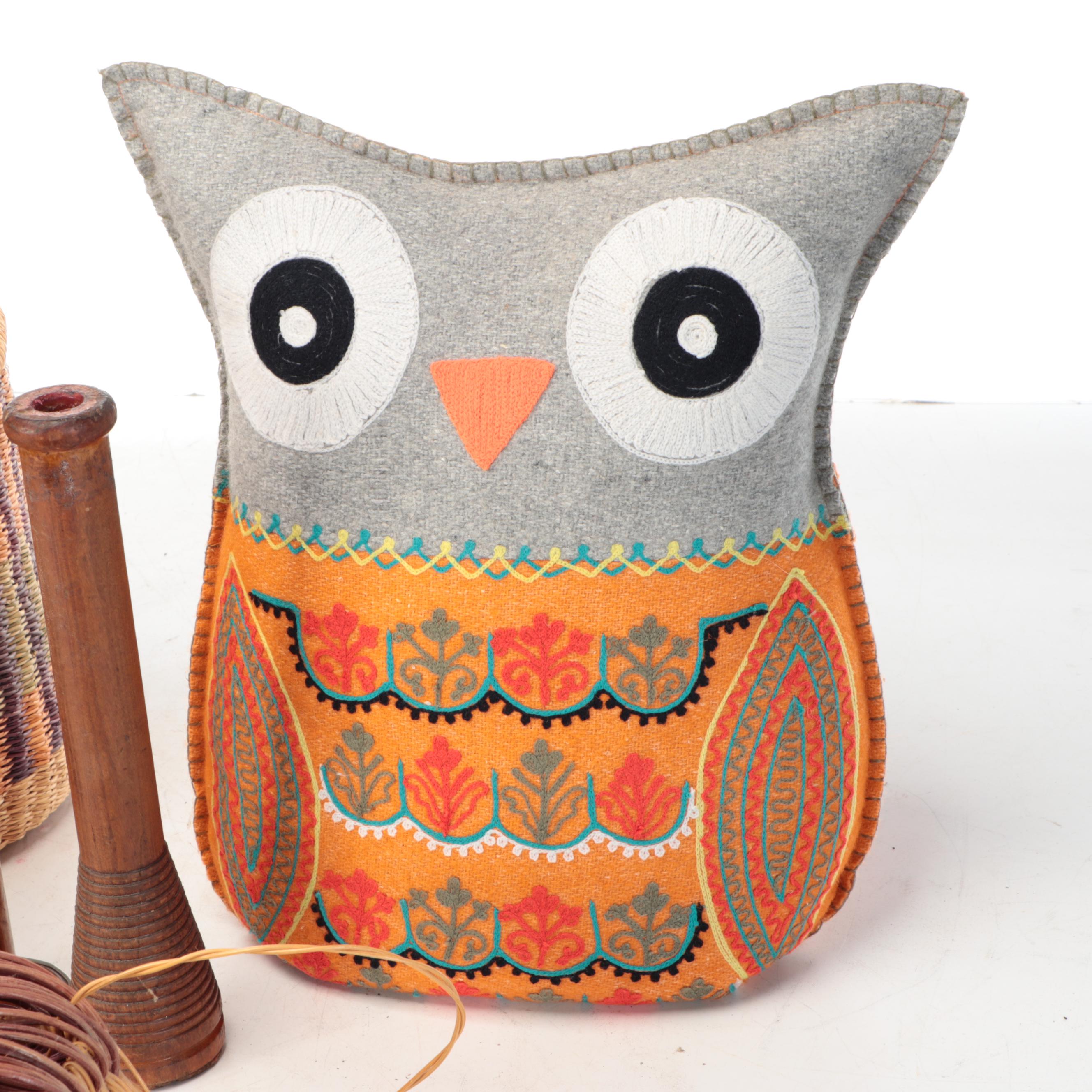 Industrial Fiber Spools, Owl Pillow, Pine Needle & More Woven Baskets