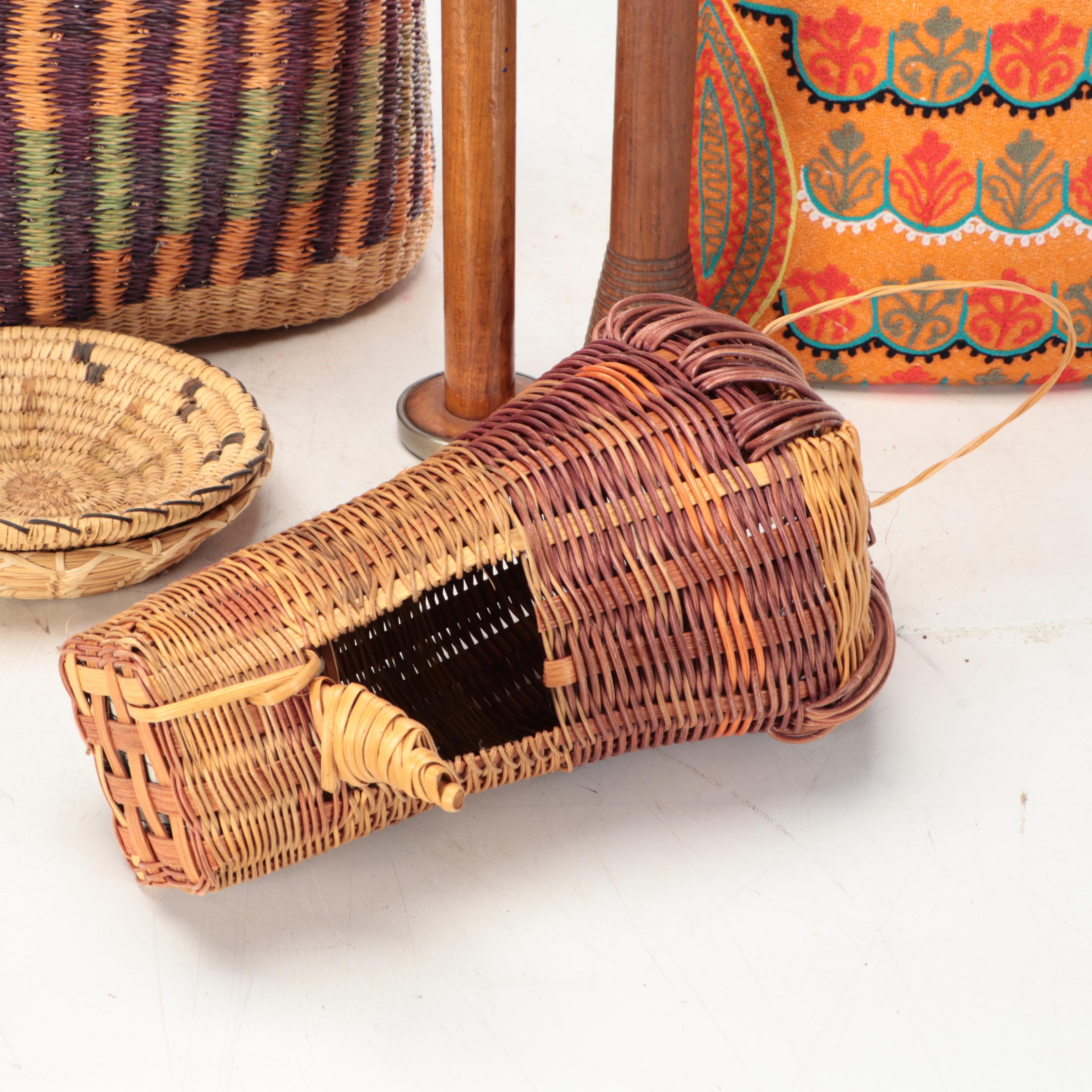 Industrial Fiber Spools, Owl Pillow, Pine Needle & More Woven Baskets