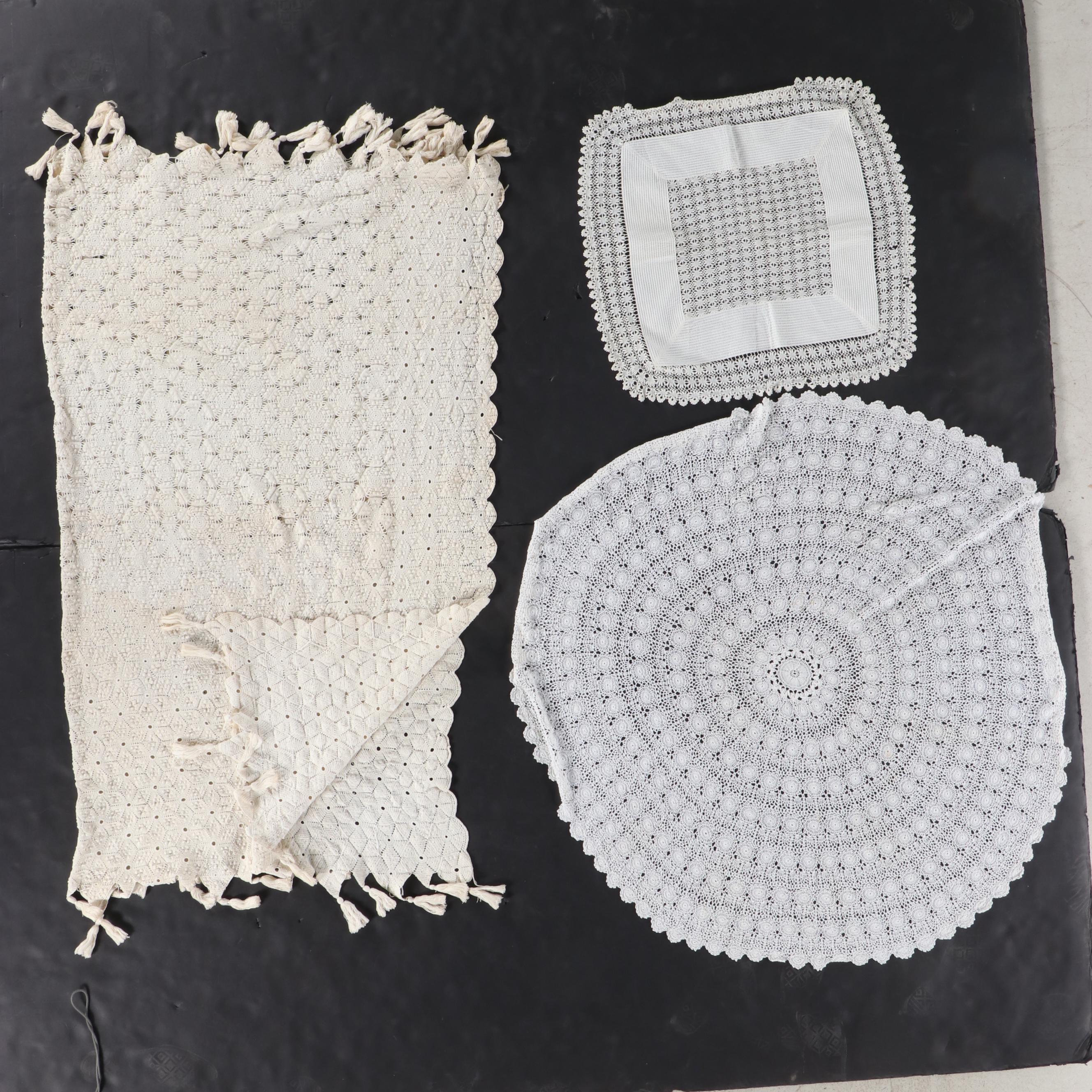 Handmade Crocheted Coverlet, Round Lace Tablecloth and Other Vintage Textile