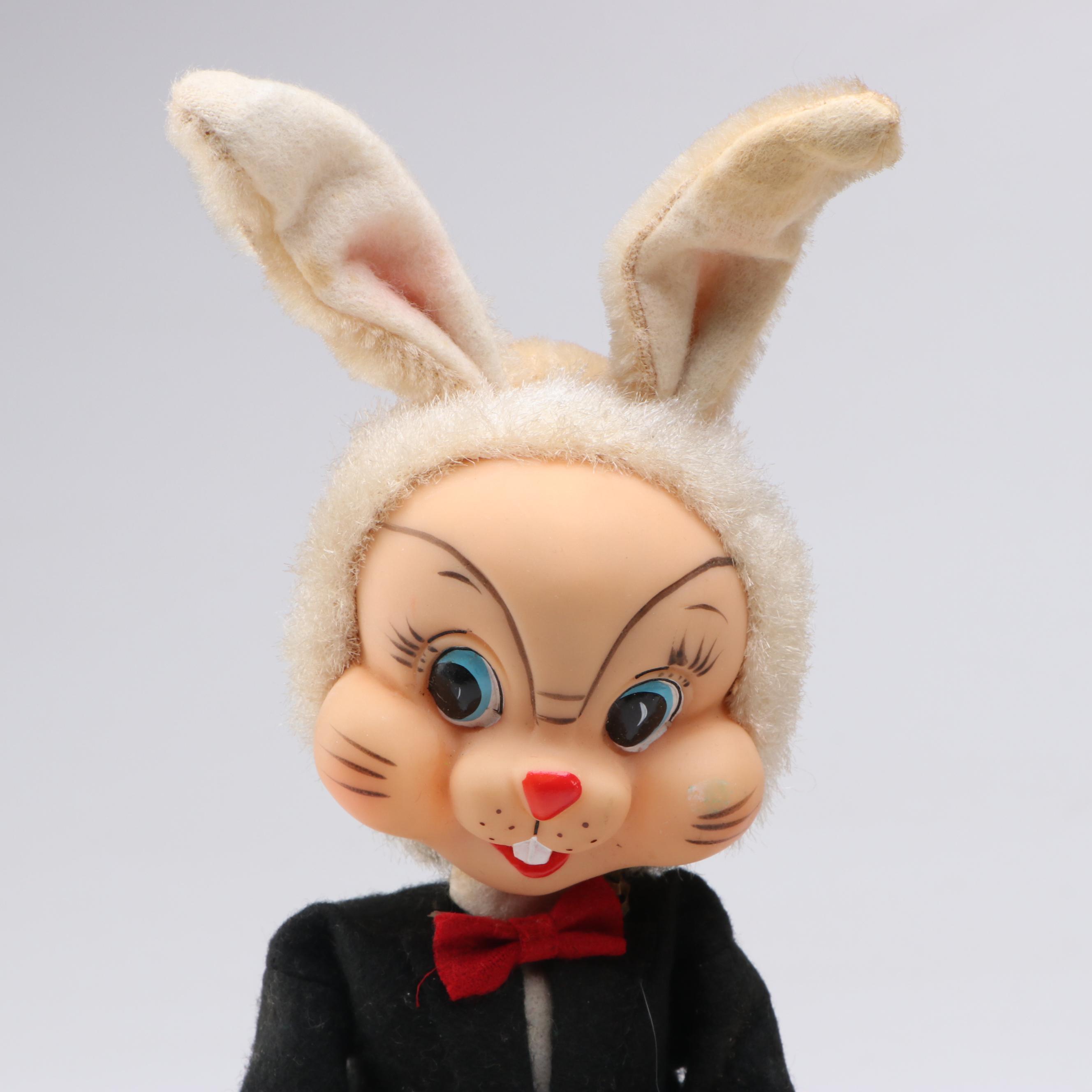 Pair of Japanese Anthropomorphic Rubber Face Rabbit Dolls, 1950s