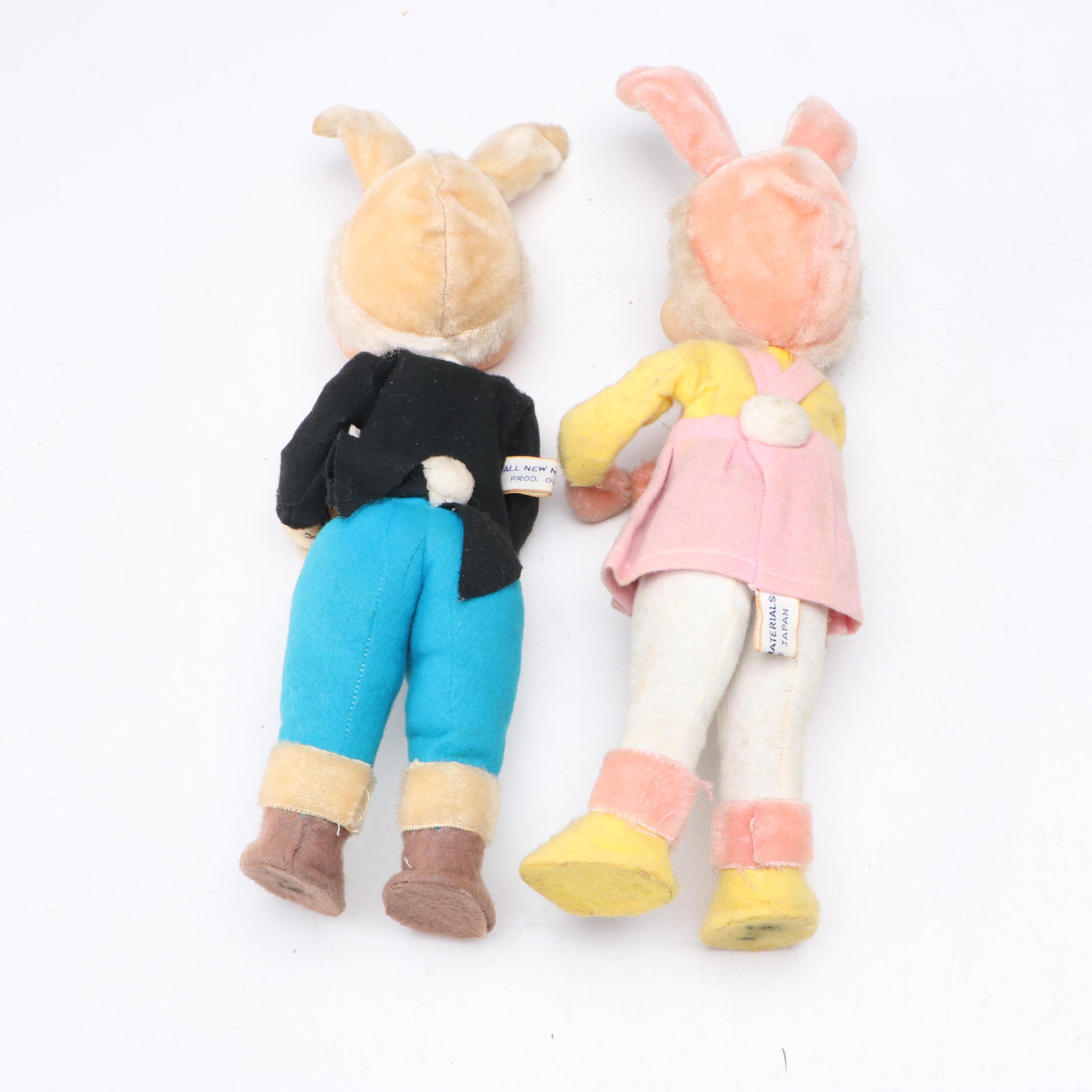 Pair of Japanese Anthropomorphic Rubber Face Rabbit Dolls, 1950s