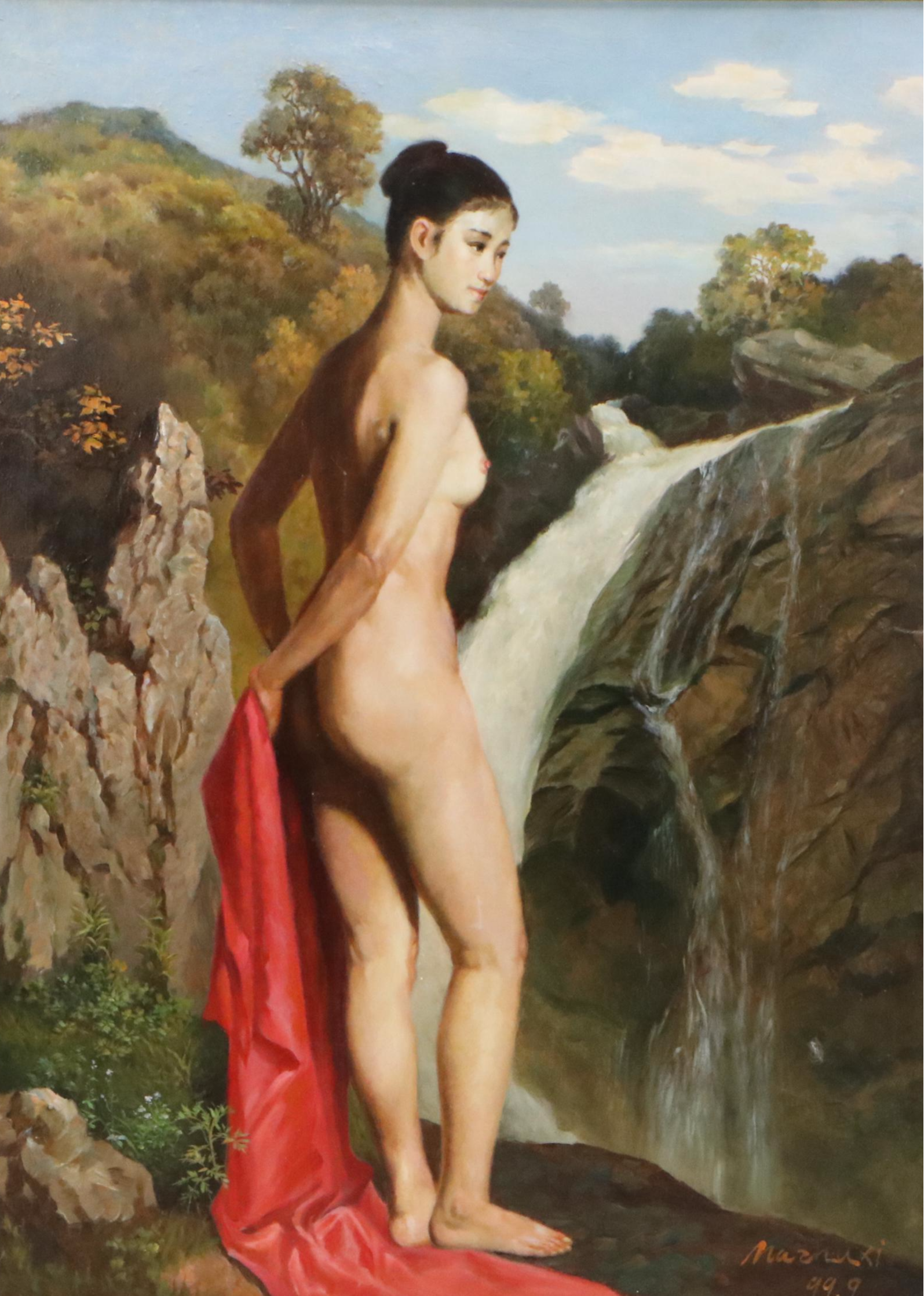 Mazhuxi Romantic Style Oil Painting of Nude Woman in Waterfall Landscape, 1999