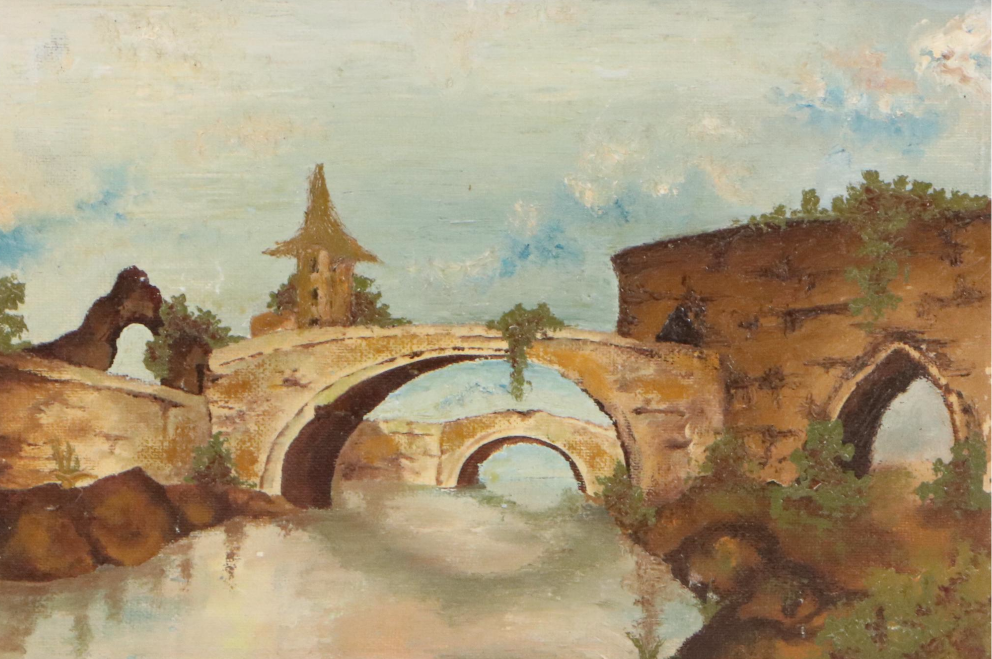 Oil Painting European Canal Scene With Aqueducts