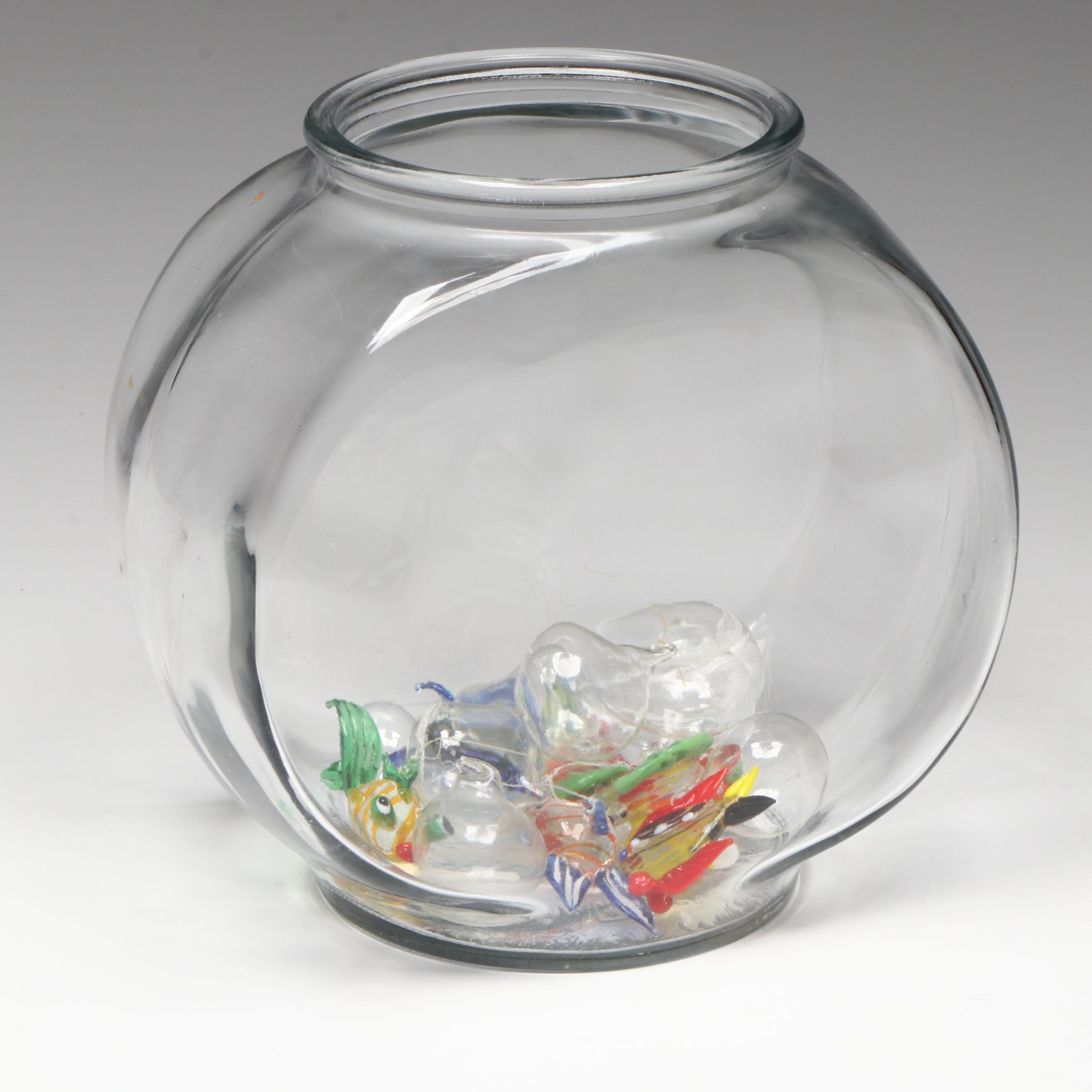 Studio Glass Fish Ornaments with Floats in Anchor Hocking Glass Fishbowl