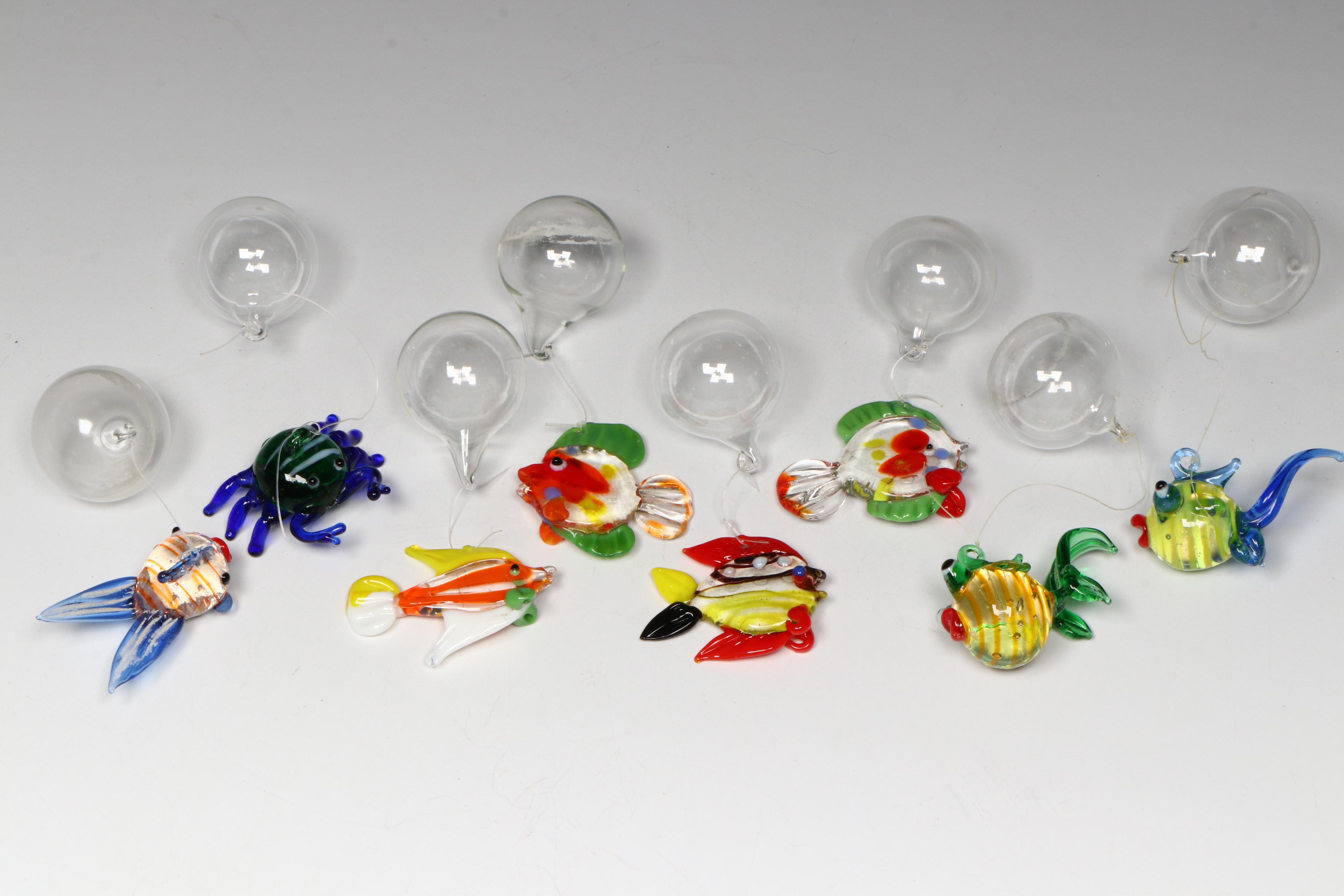 Studio Glass Fish Ornaments with Floats in Anchor Hocking Glass Fishbowl