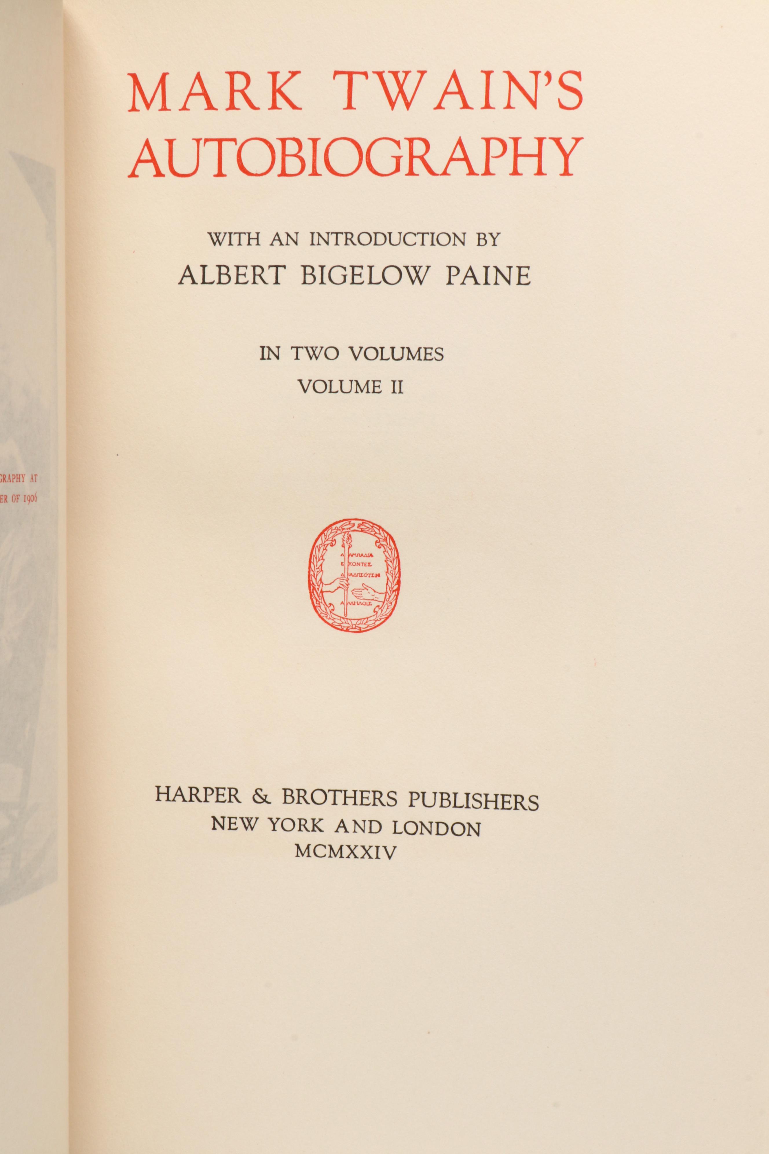 First Edition "Mark Twain's Autobiography" Two-Volume Set, 1924