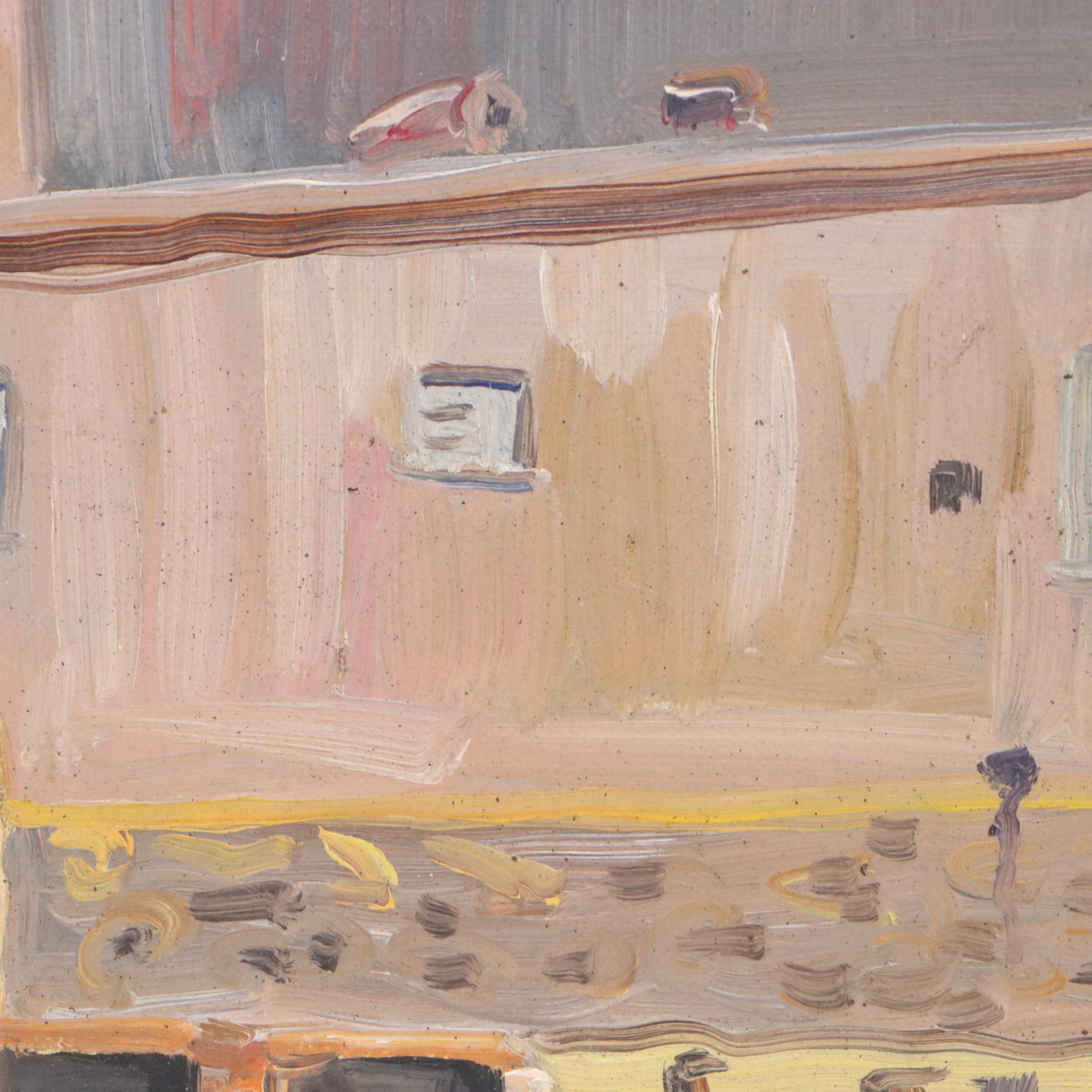 Dock Scene Oil Painting, Late 20th Century