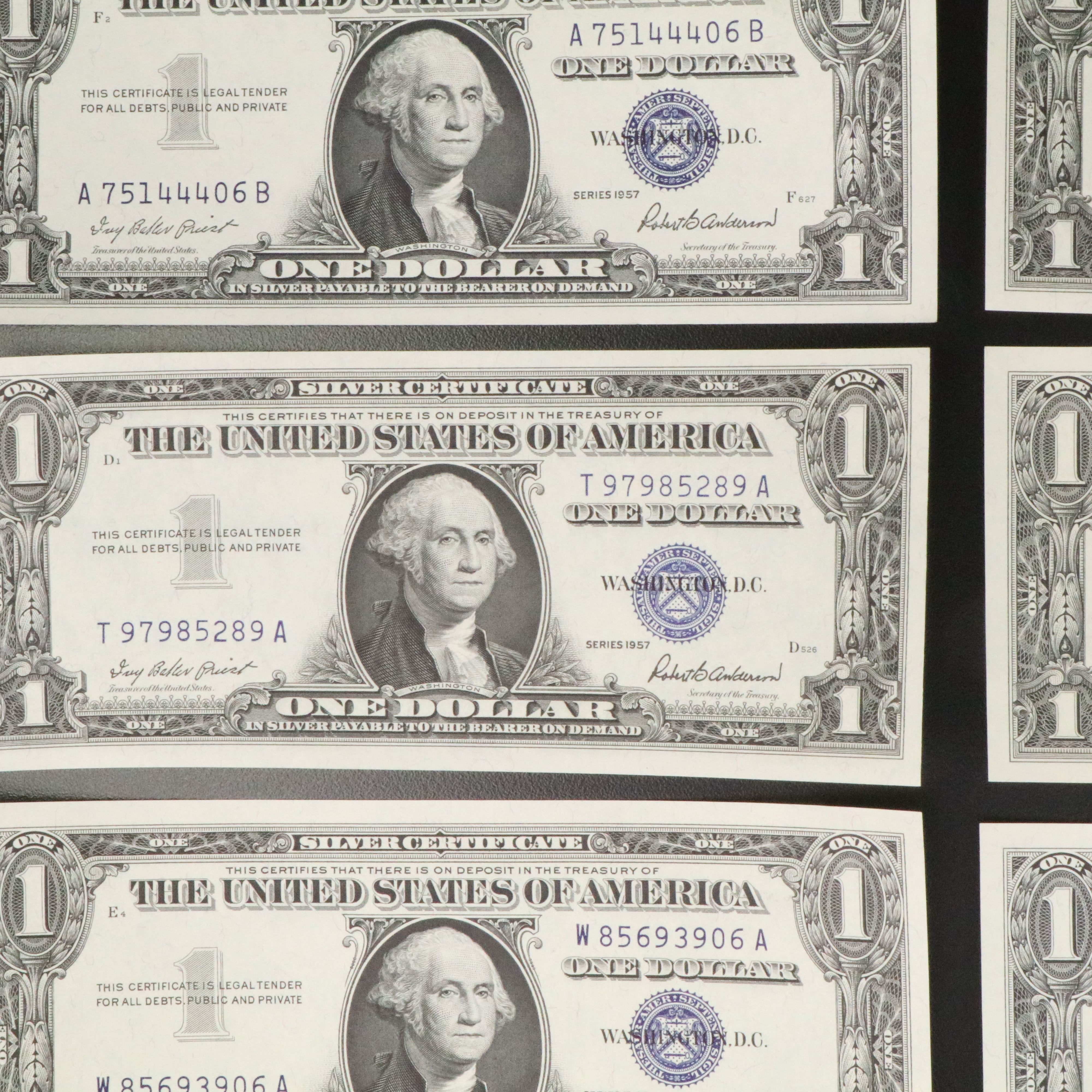 Ten Uncirculated 1957 Assorted One Dollar Silver Certificates