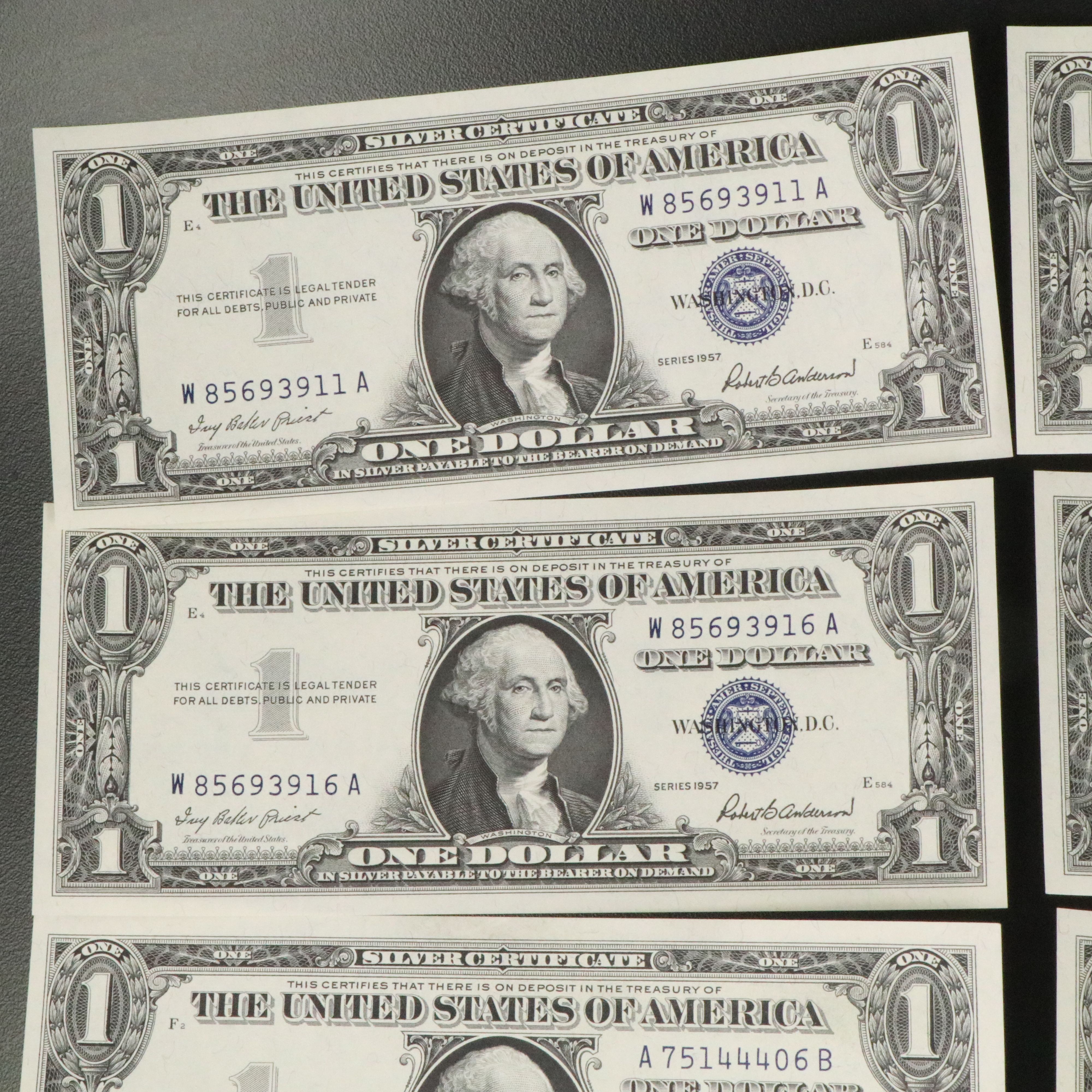 Ten Uncirculated 1957 Assorted One Dollar Silver Certificates