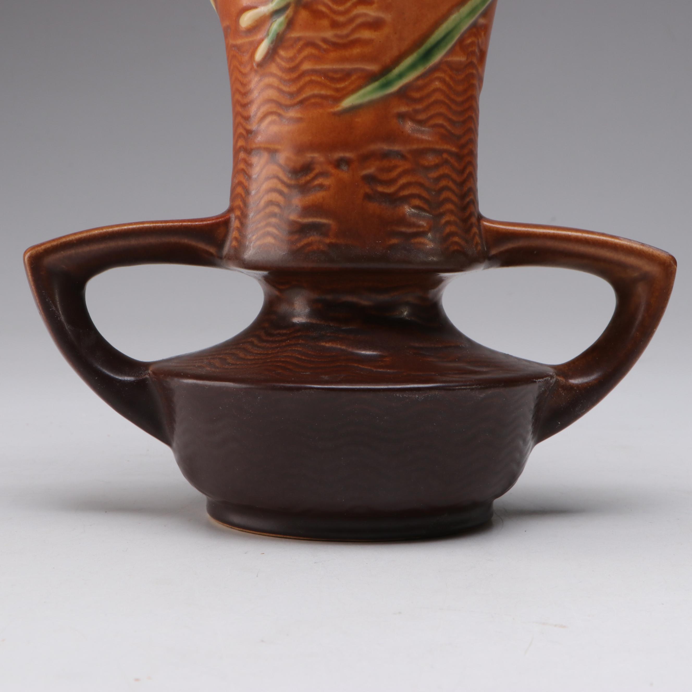 Roseville Pottery "Freesias" Art Deco Vase and "Apple Blossom" Candlesticks