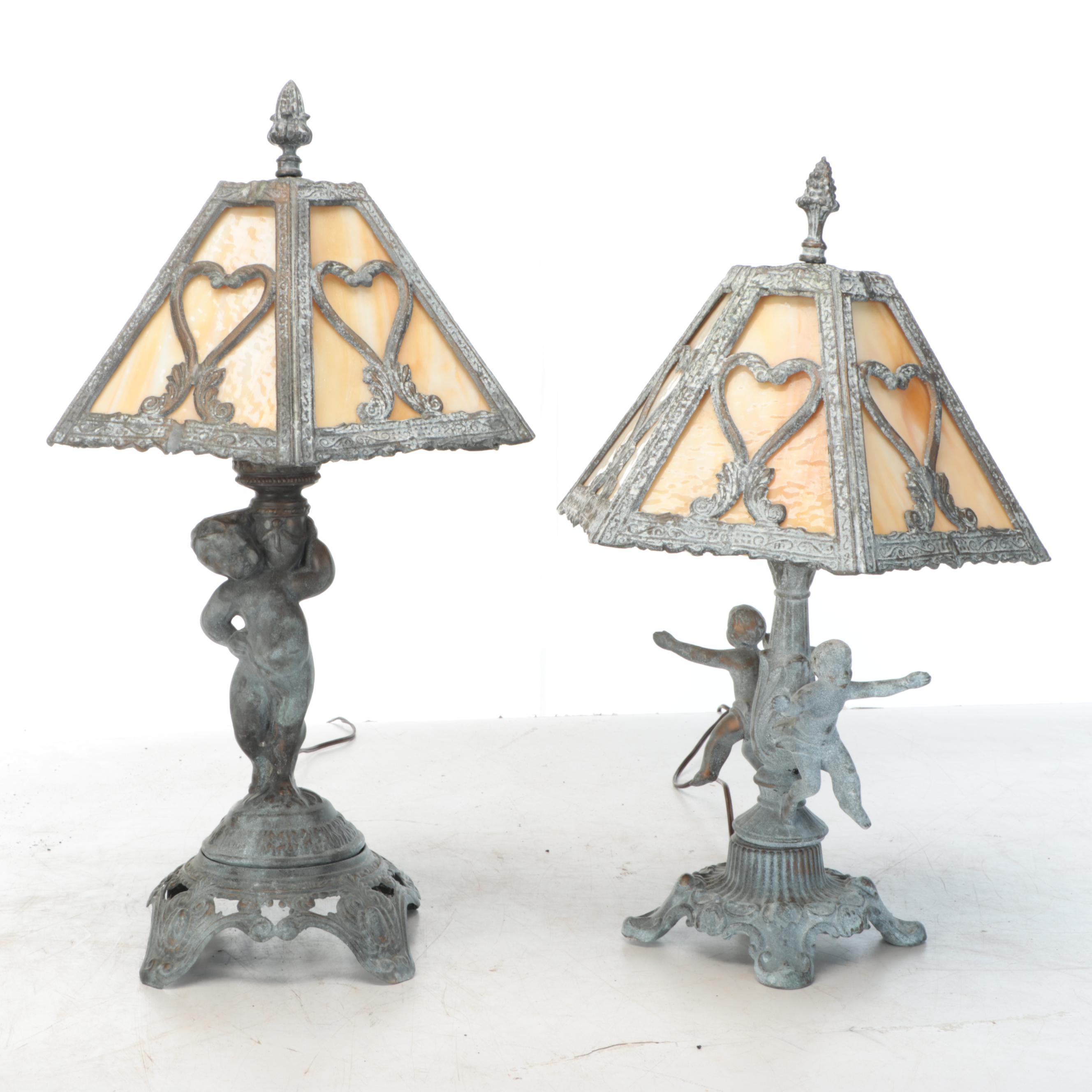 Verdigris Bronzed Metal Putti Figural Lamps with Spelter Panel Shades