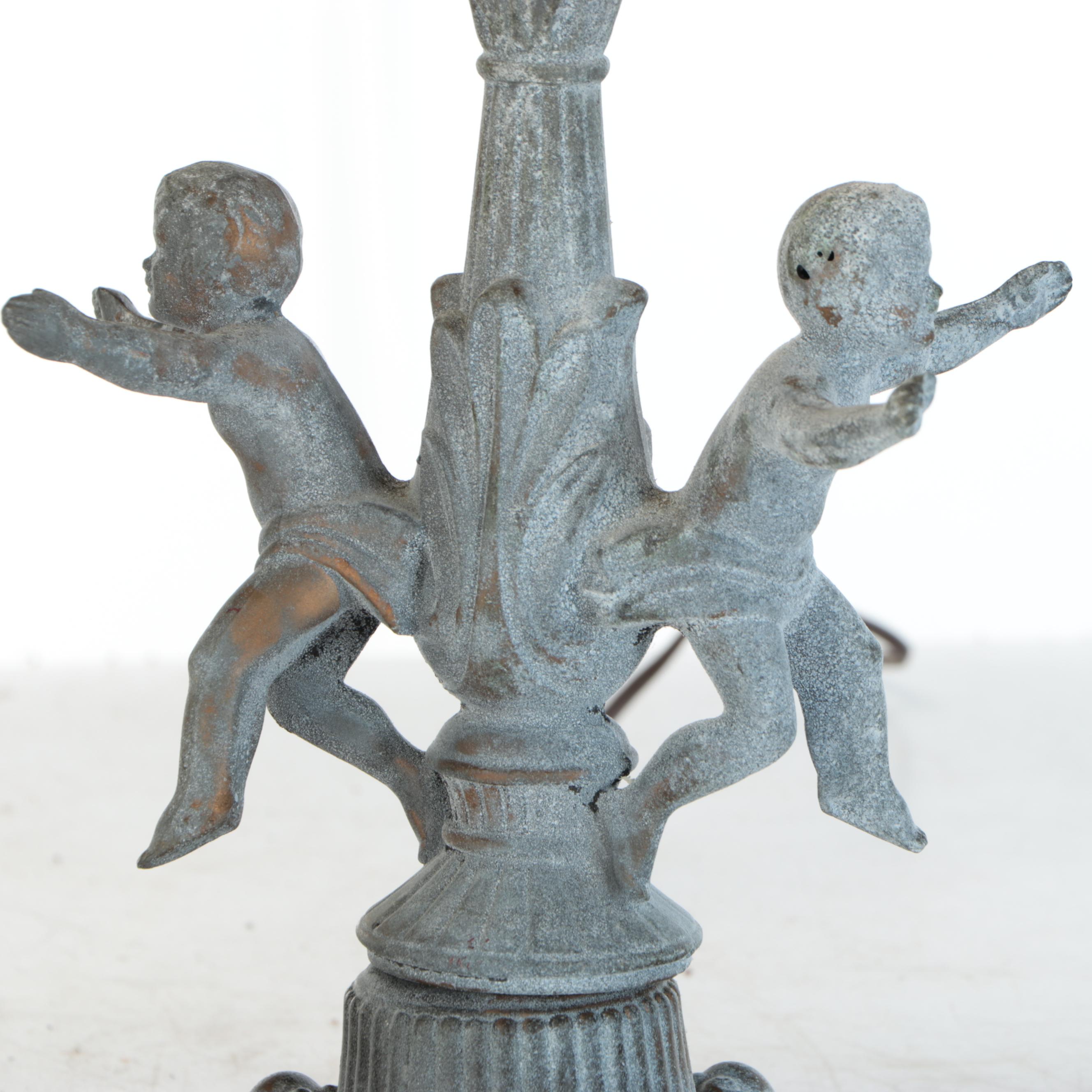 Verdigris Bronzed Metal Putti Figural Lamps with Spelter Panel Shades