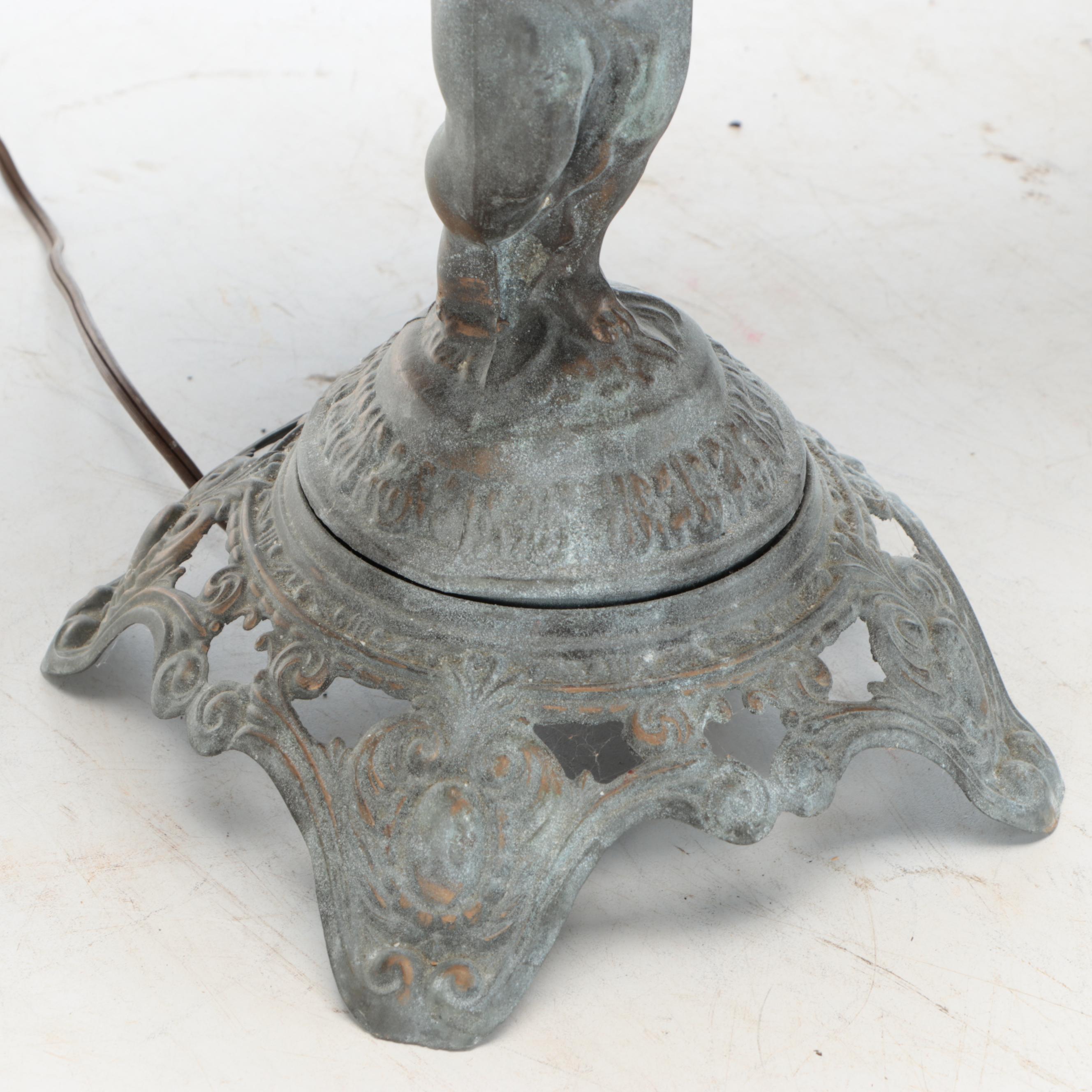 Verdigris Bronzed Metal Putti Figural Lamps with Spelter Panel Shades