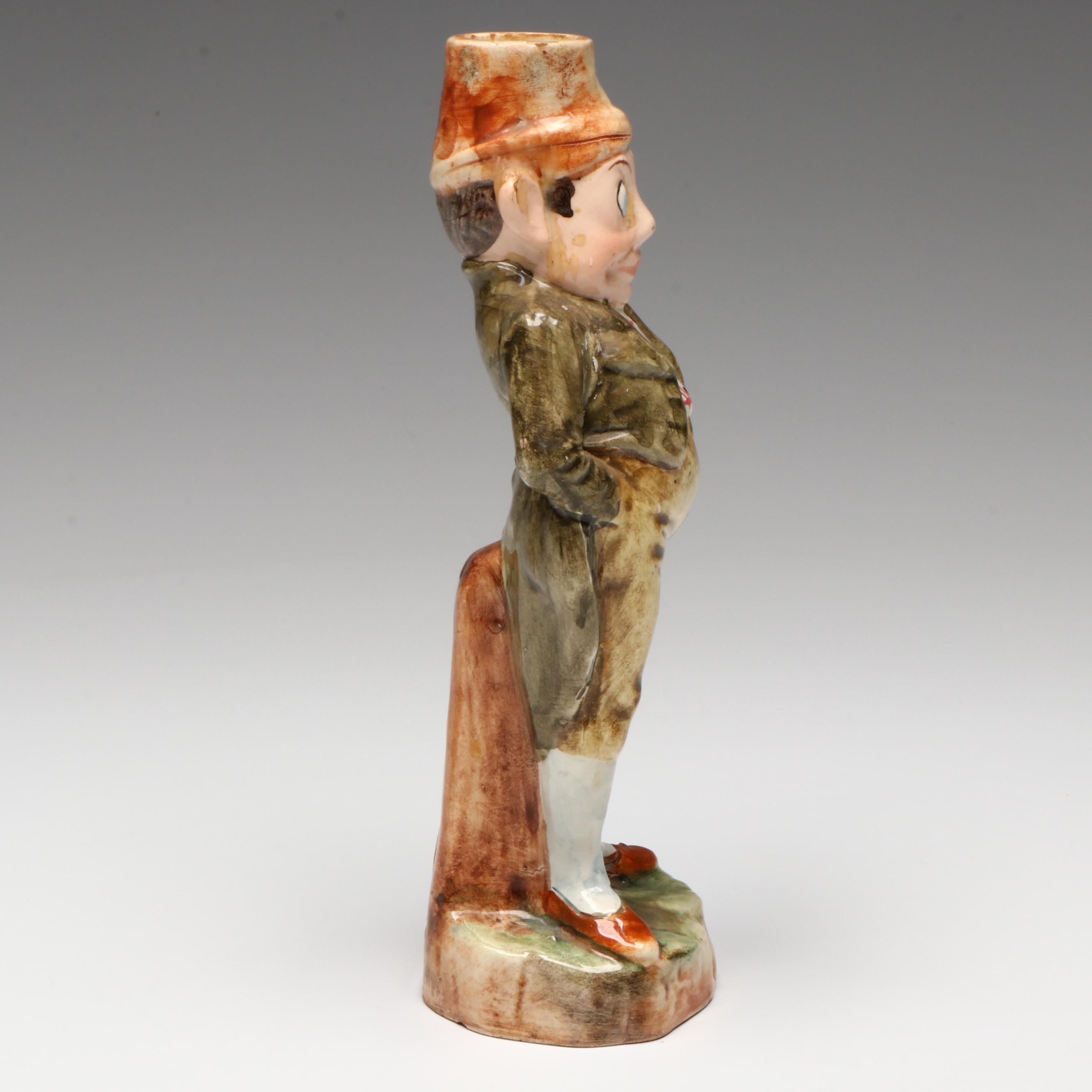 Antique Majolica Novelty Palmer Cox's Brownie Candlestick, Late 19th Century