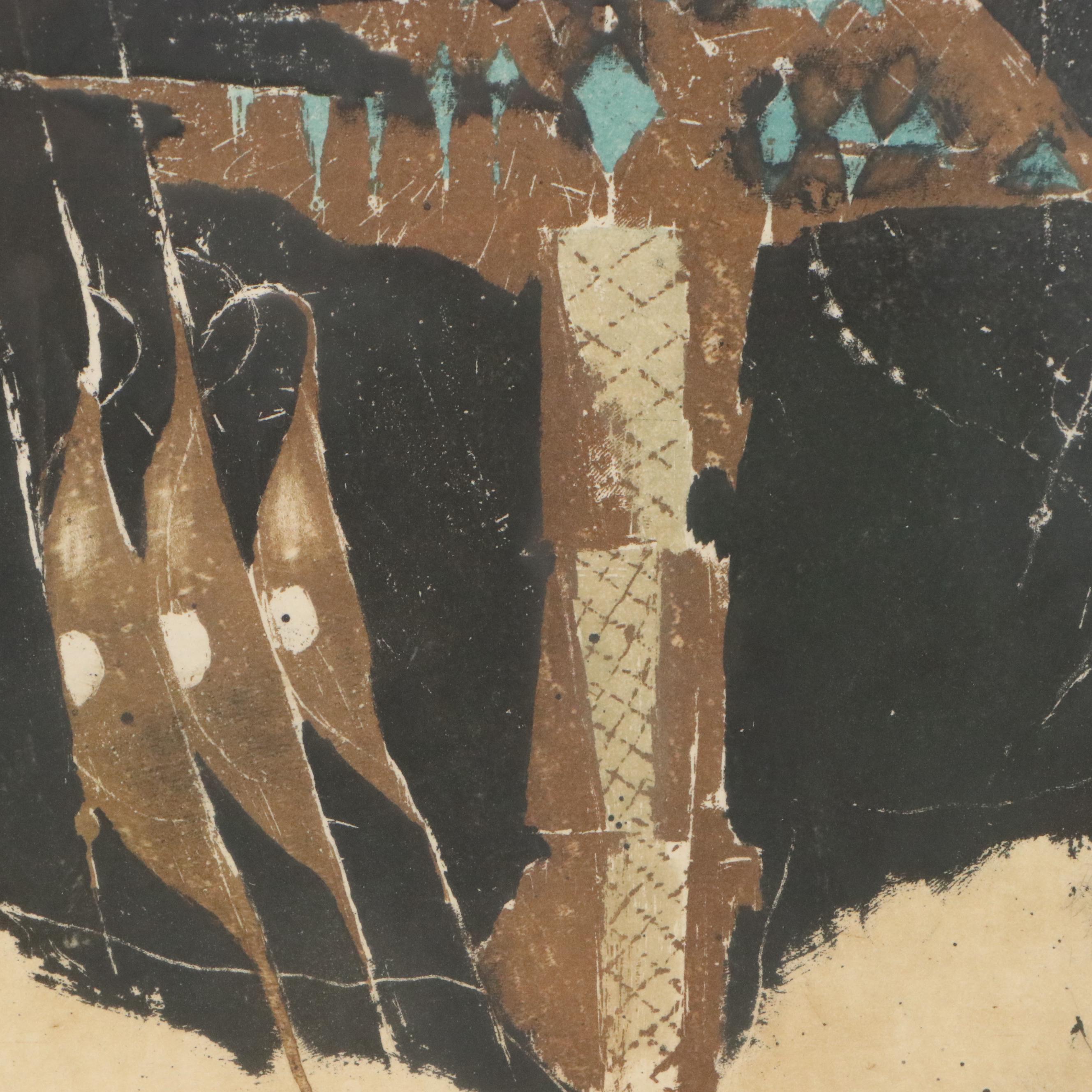 Johnny Friedlaender Aquatint Etching à la Poupée "Les Coqs," Mid-20th C.