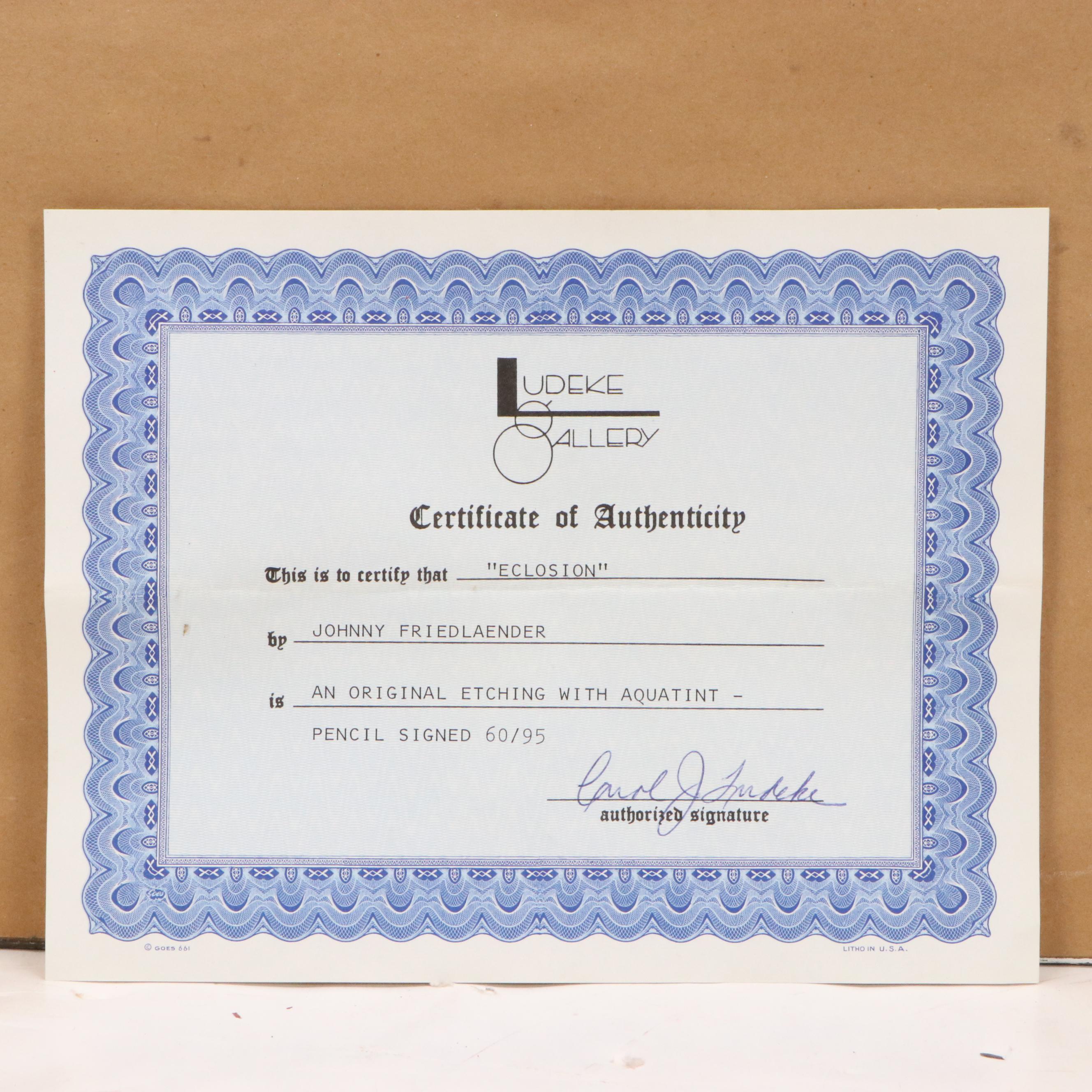 Johnny Friedlaender Aquatint Etching à la Poupée "Les Coqs," Mid-20th C.