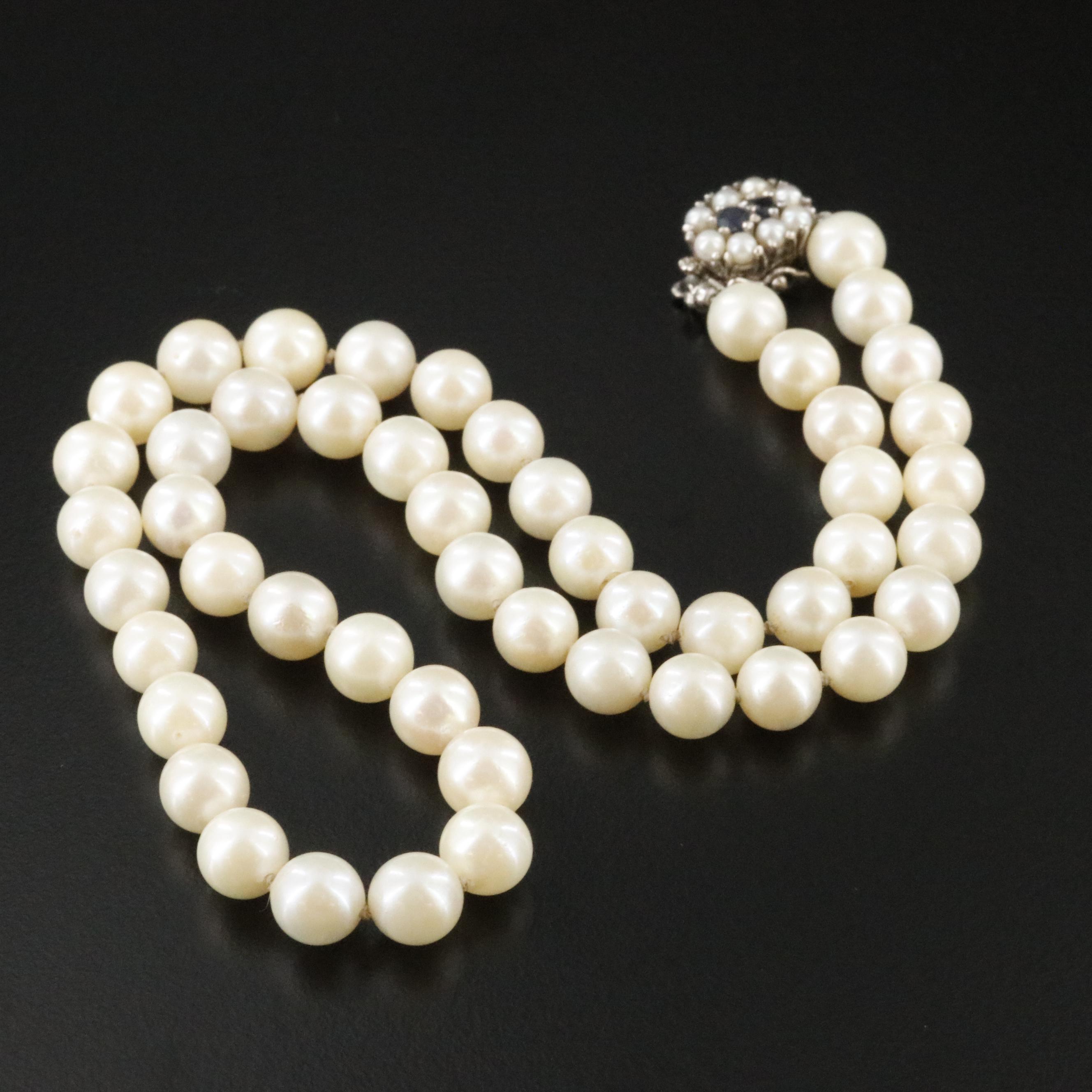 Pearl Necklace with 14K Sapphire and Pearl Clasp