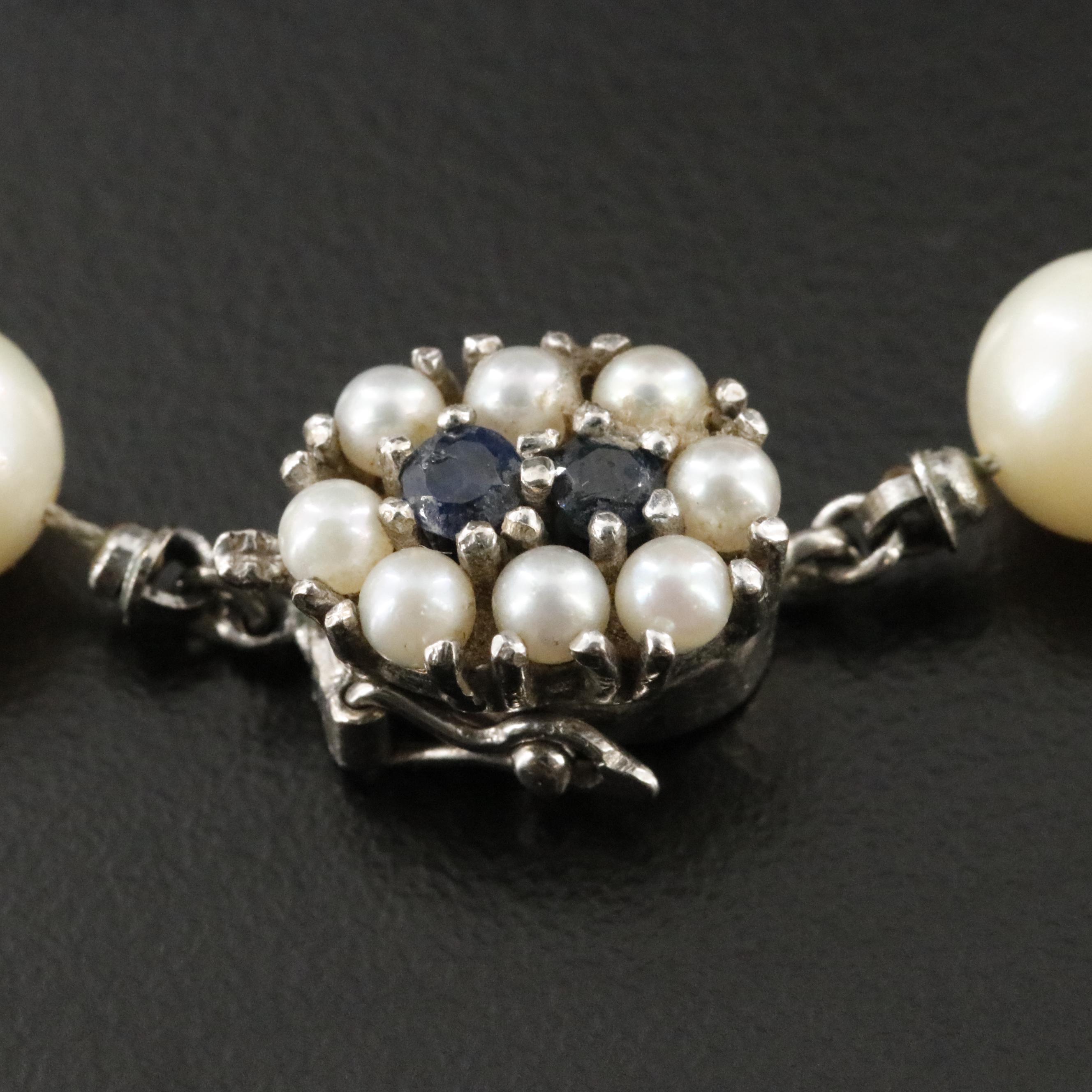 Pearl Necklace with 14K Sapphire and Pearl Clasp