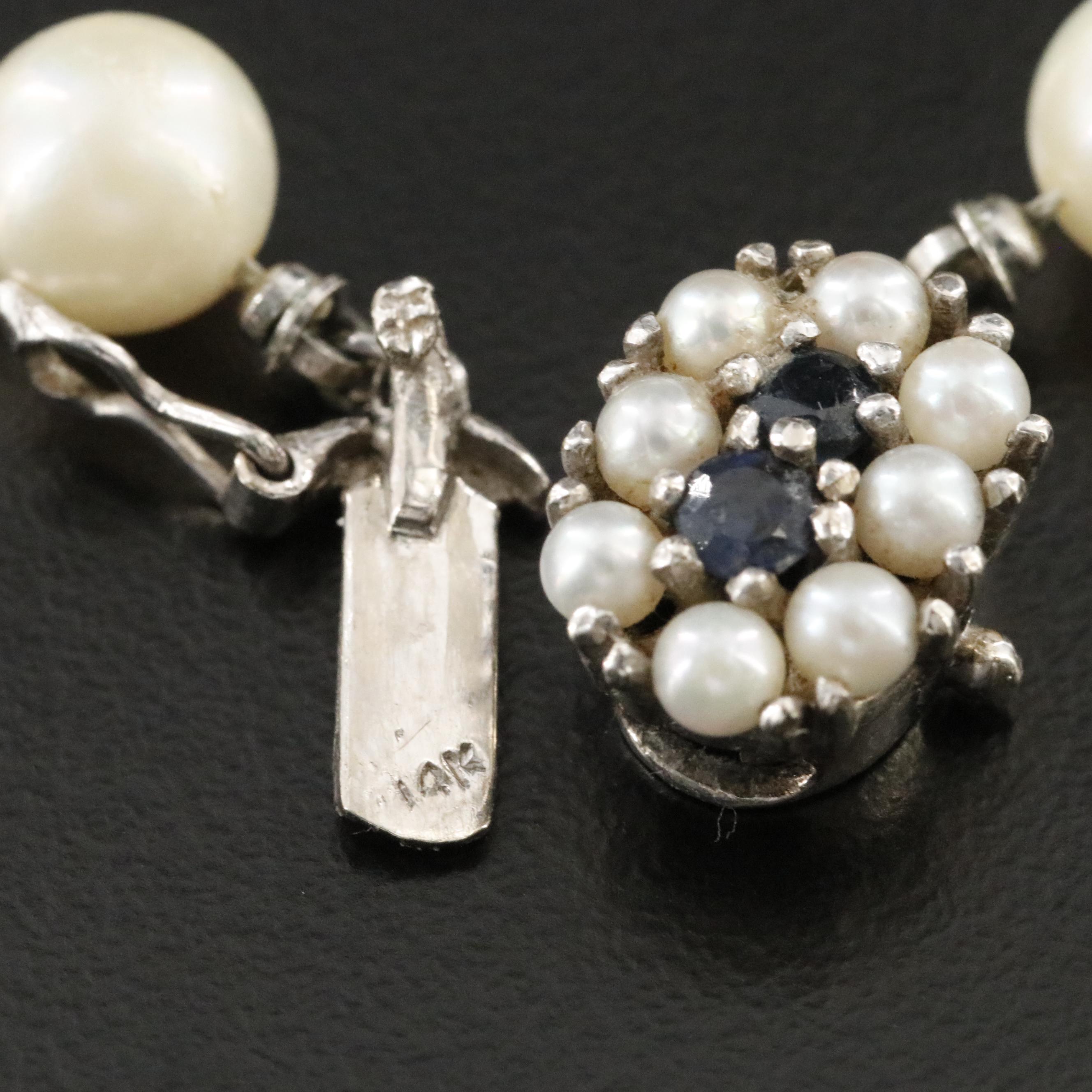 Pearl Necklace with 14K Sapphire and Pearl Clasp
