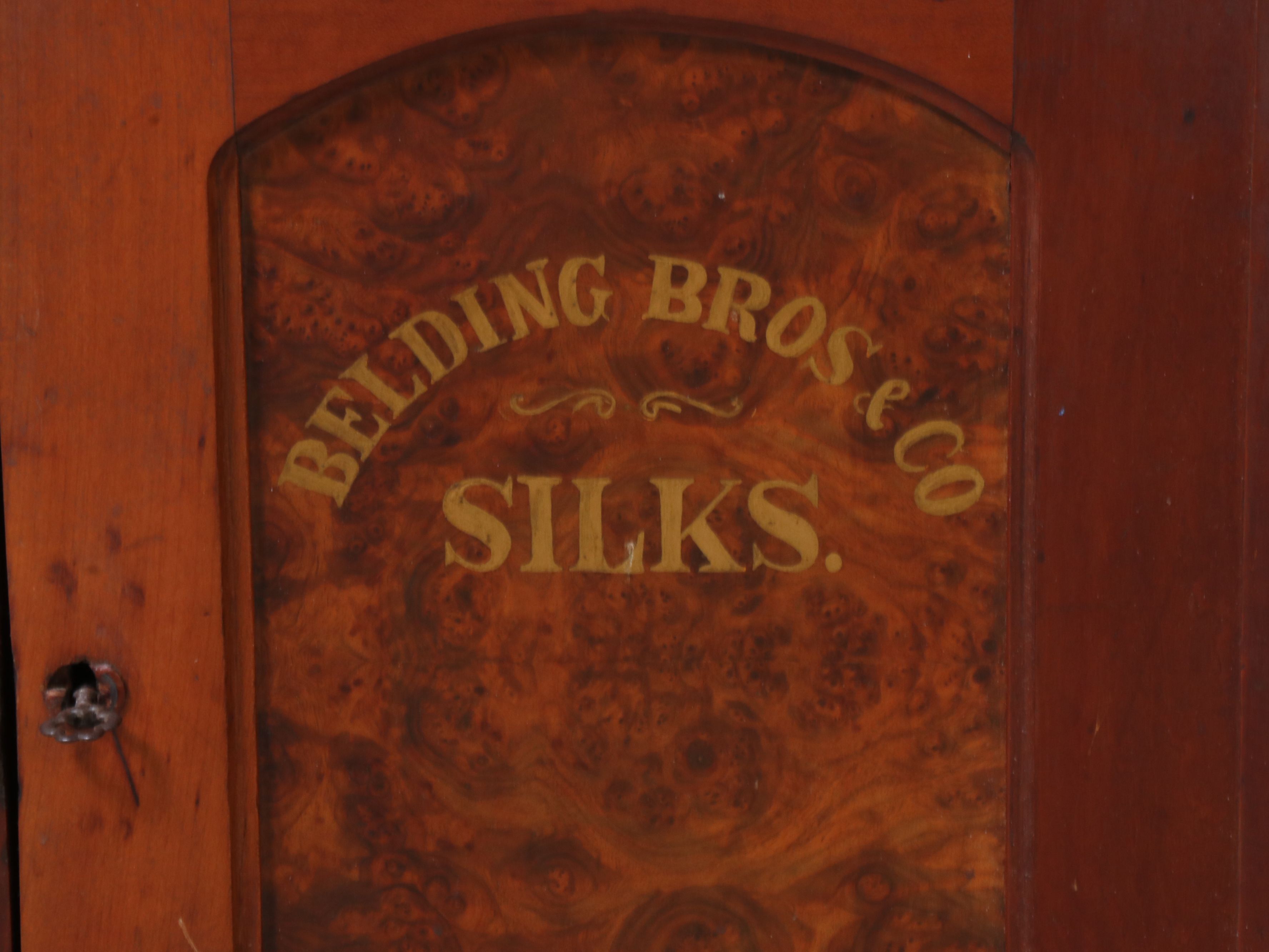 Belding Bros. & Co Silks Cherry and Burl Wood Spool Cabinet, Antique