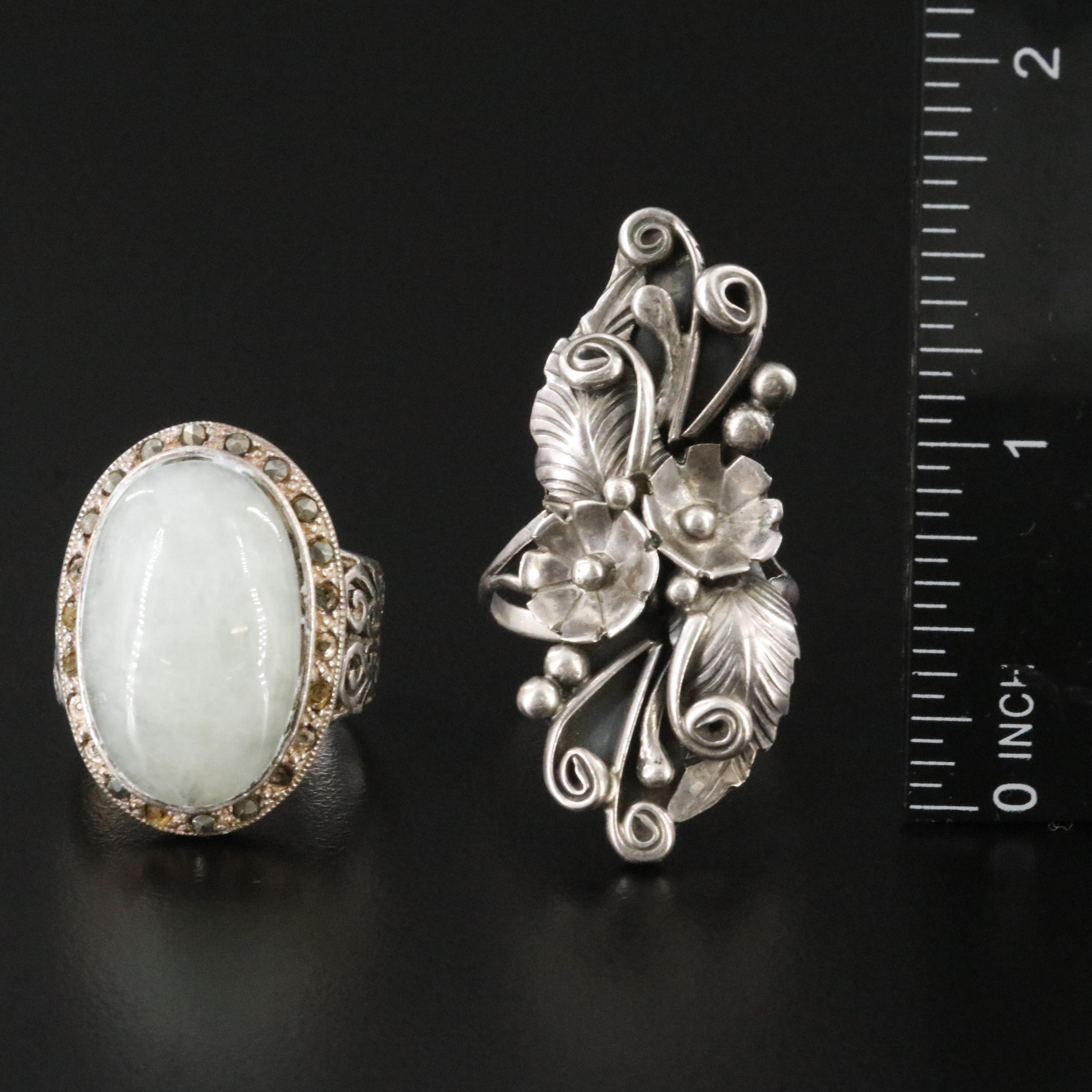 Sterling Jadeite, Marcasite and Southwestern Appliqué Rings