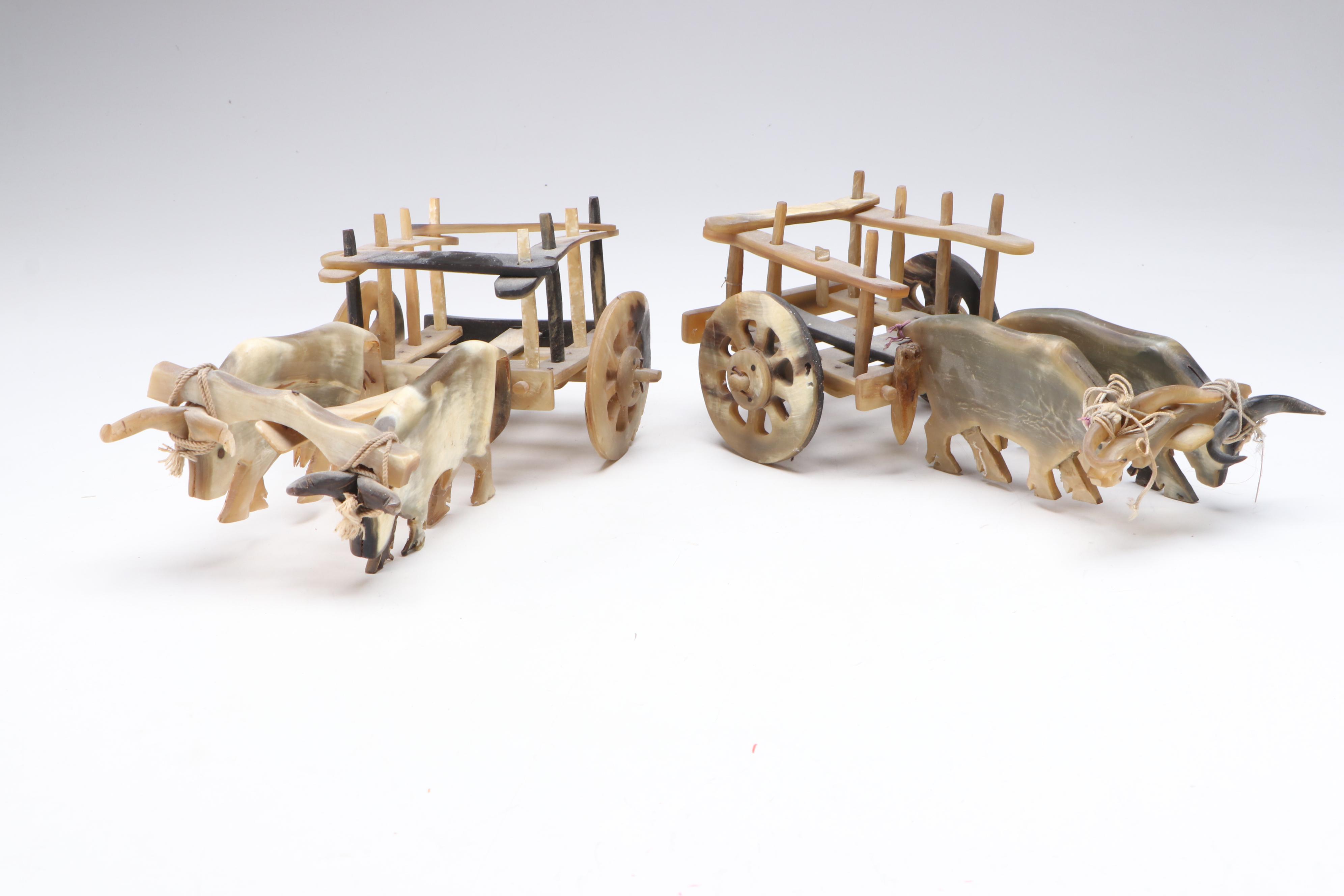 Folk Art Hand-Carved Horn Ox-Drawn Carts