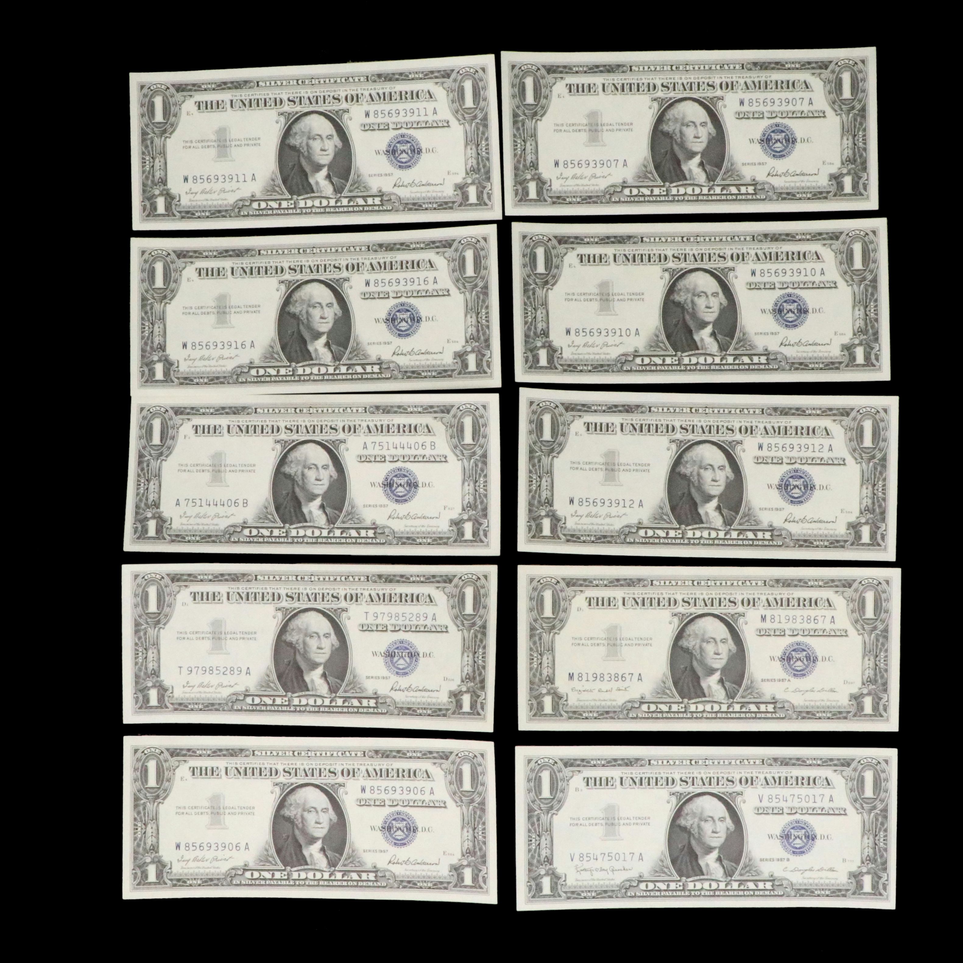 Ten Uncirculated 1957 Assorted One Dollar Silver Certificates