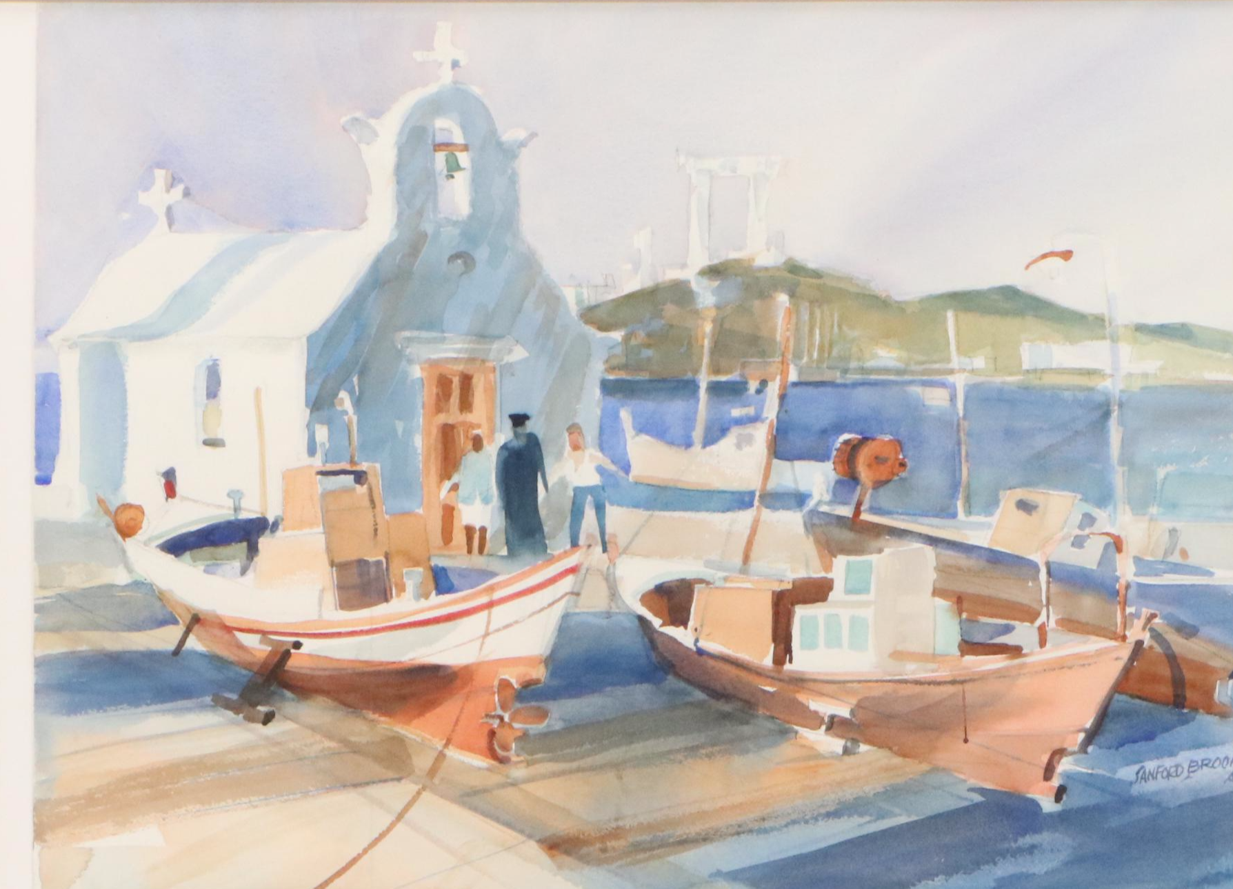 Sanford Brooks Landscape Watercolor Painting of Greek Portside Church