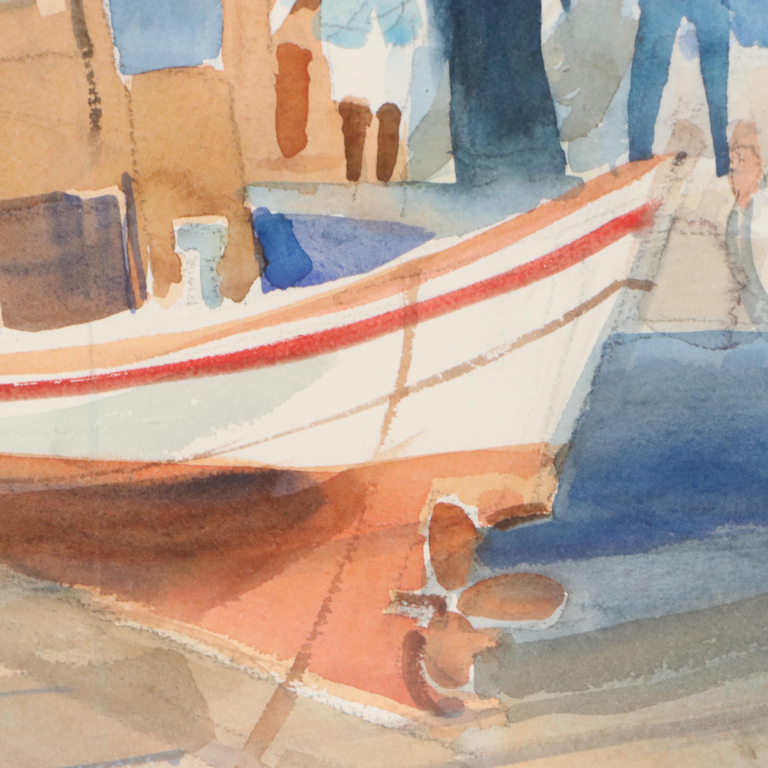 Sanford Brooks Landscape Watercolor Painting of Greek Portside Church