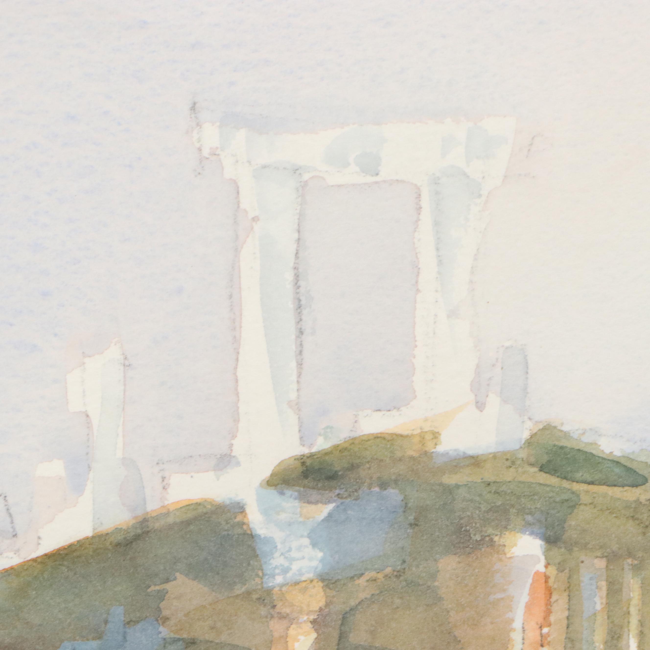 Sanford Brooks Landscape Watercolor Painting of Greek Portside Church