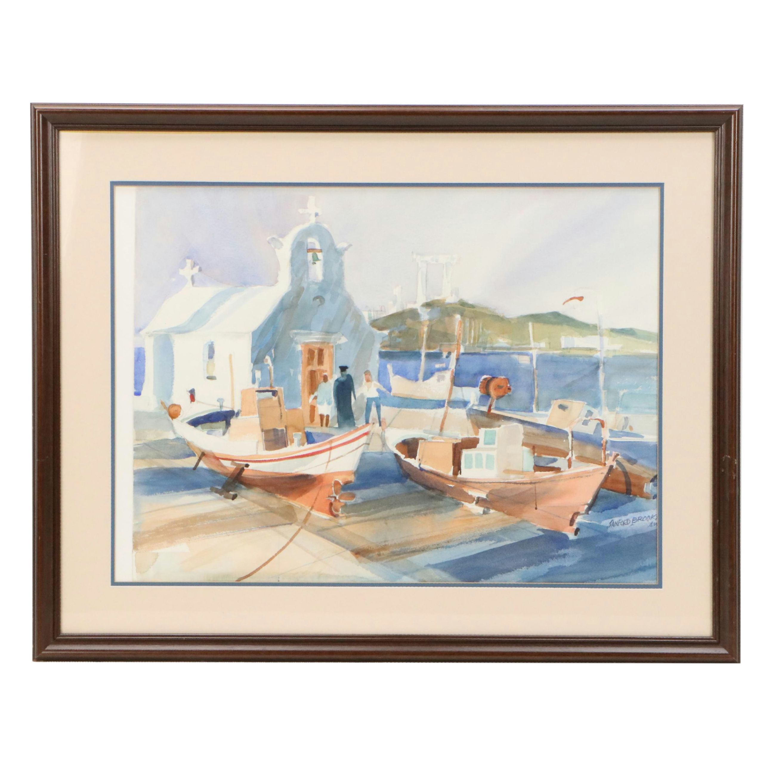 Sanford Brooks Landscape Watercolor Painting of Greek Portside Church