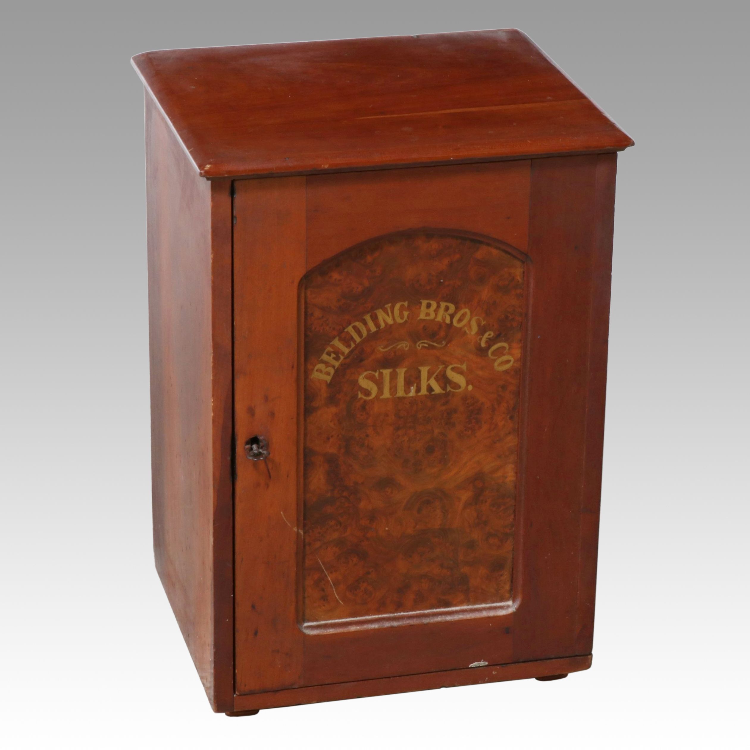 Belding Bros. & Co Silks Cherry and Burl Wood Spool Cabinet, Antique