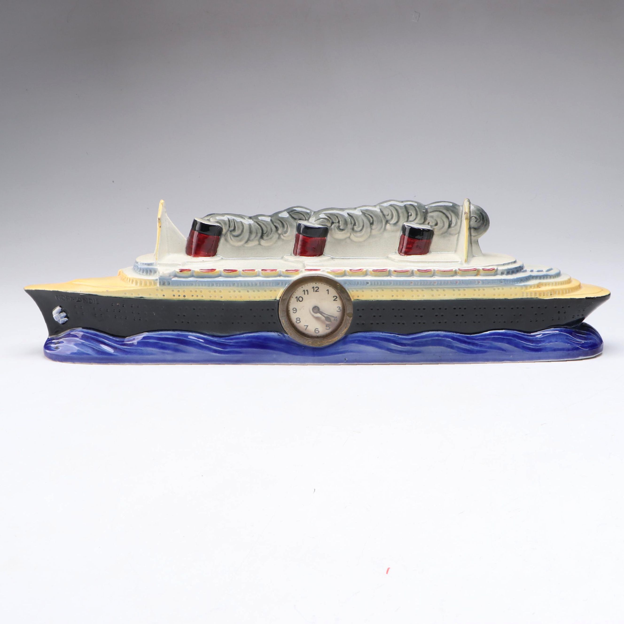 S.S. Normandie Ceramic Ship Novelty Clock, 1930s