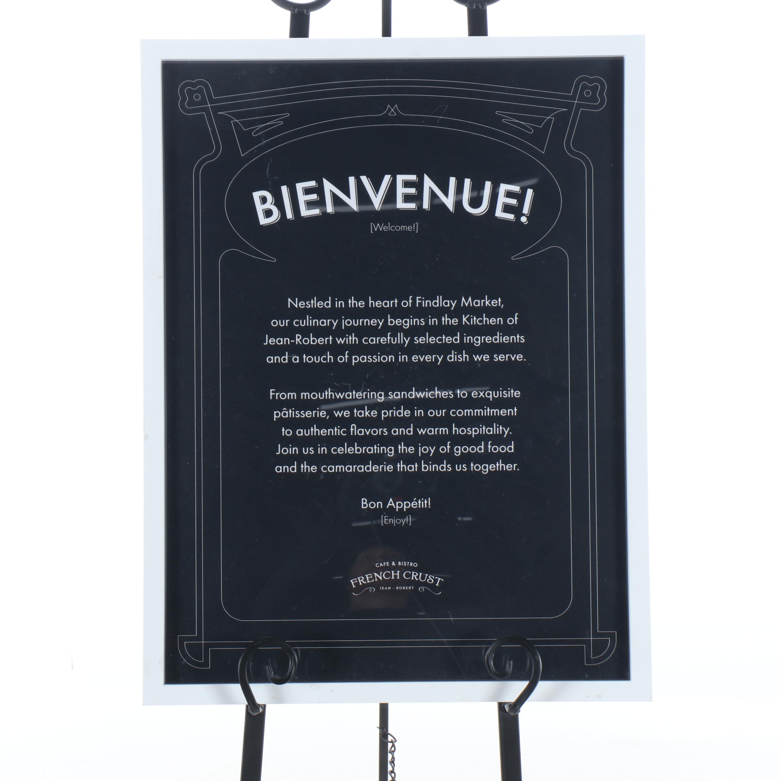 French Crust "Bienvenue" Sign with Metal Scrollwork Stand